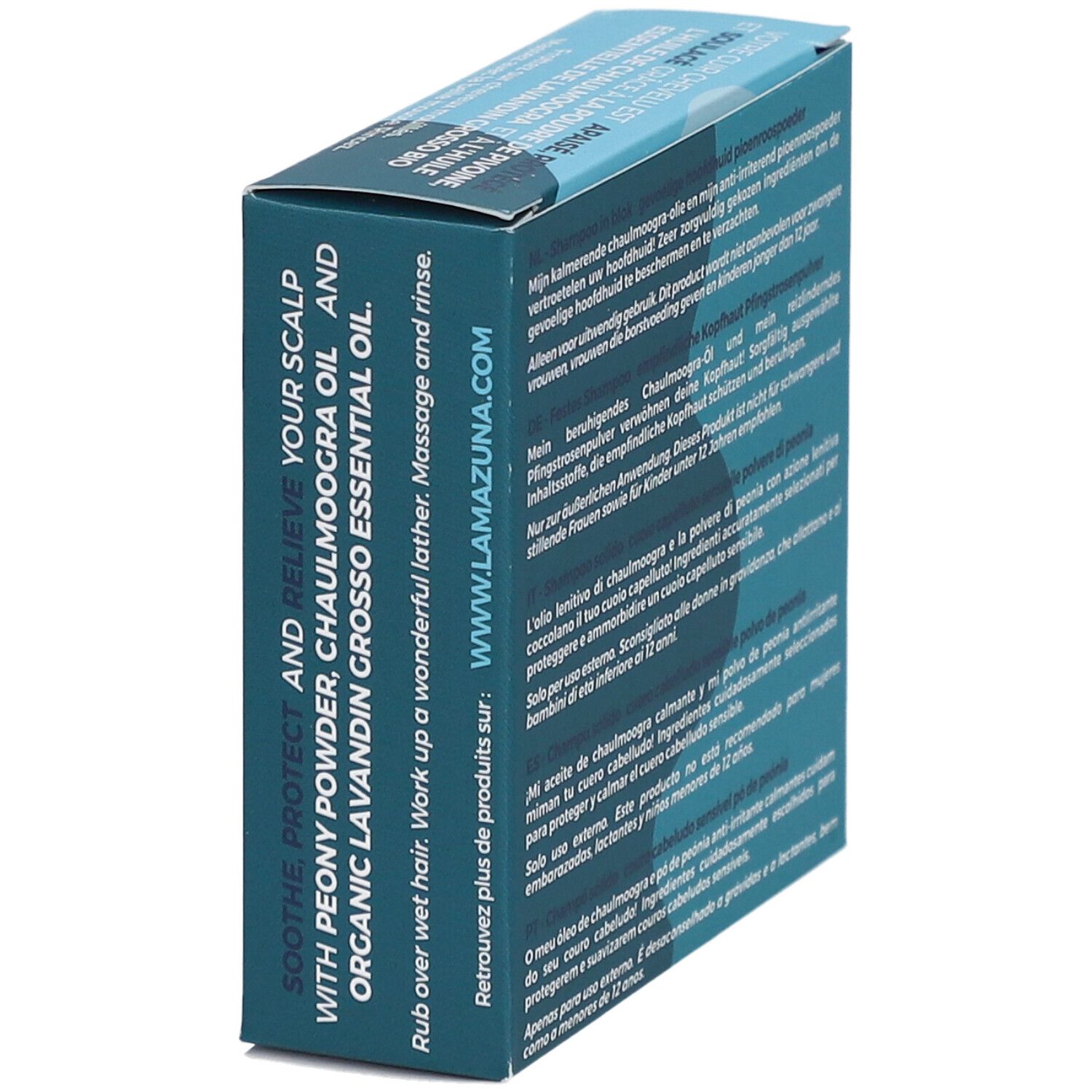 Seitenansicht der Verpackung mit Text. Logo "Lamazuna" und Produktinformationen.