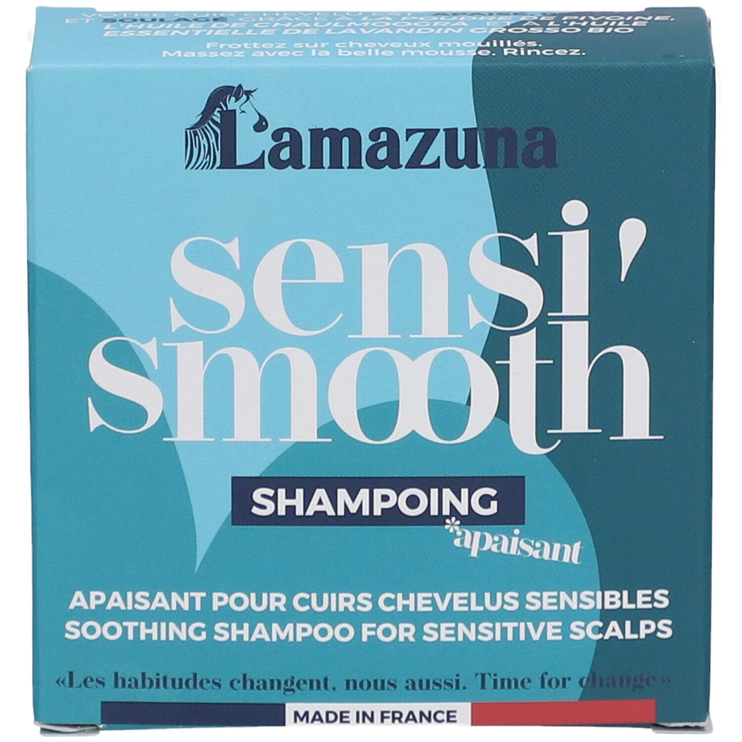 Blauer Karton mit "Lamazuna"-Logo und "sensi' smooth"-Schriftzug. Text: "Shampoing apaisant".