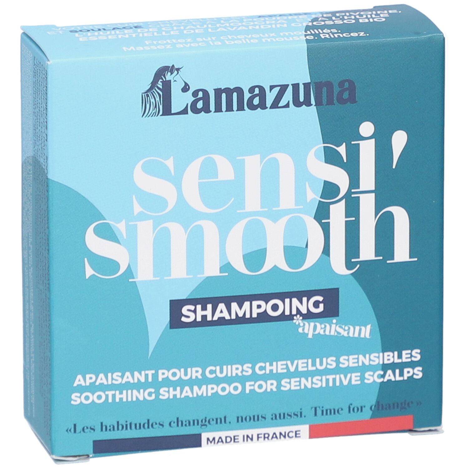 Blauer Karton mit "Lamazuna"-Logo und "sensi' smooth"-Schriftzug. Text: "Shampoing apaisant".