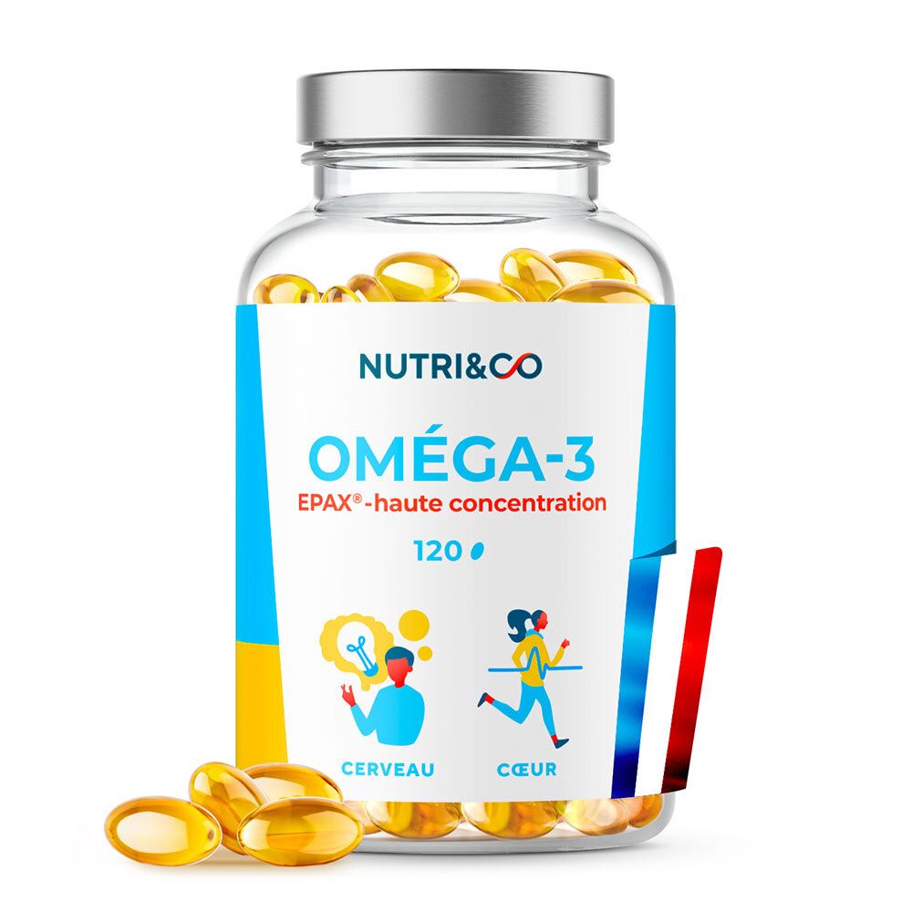 Flacon en verre avec capsules claires. Inscription: NUTRI&CO Oméga-3 EPAX. Drapeau français.