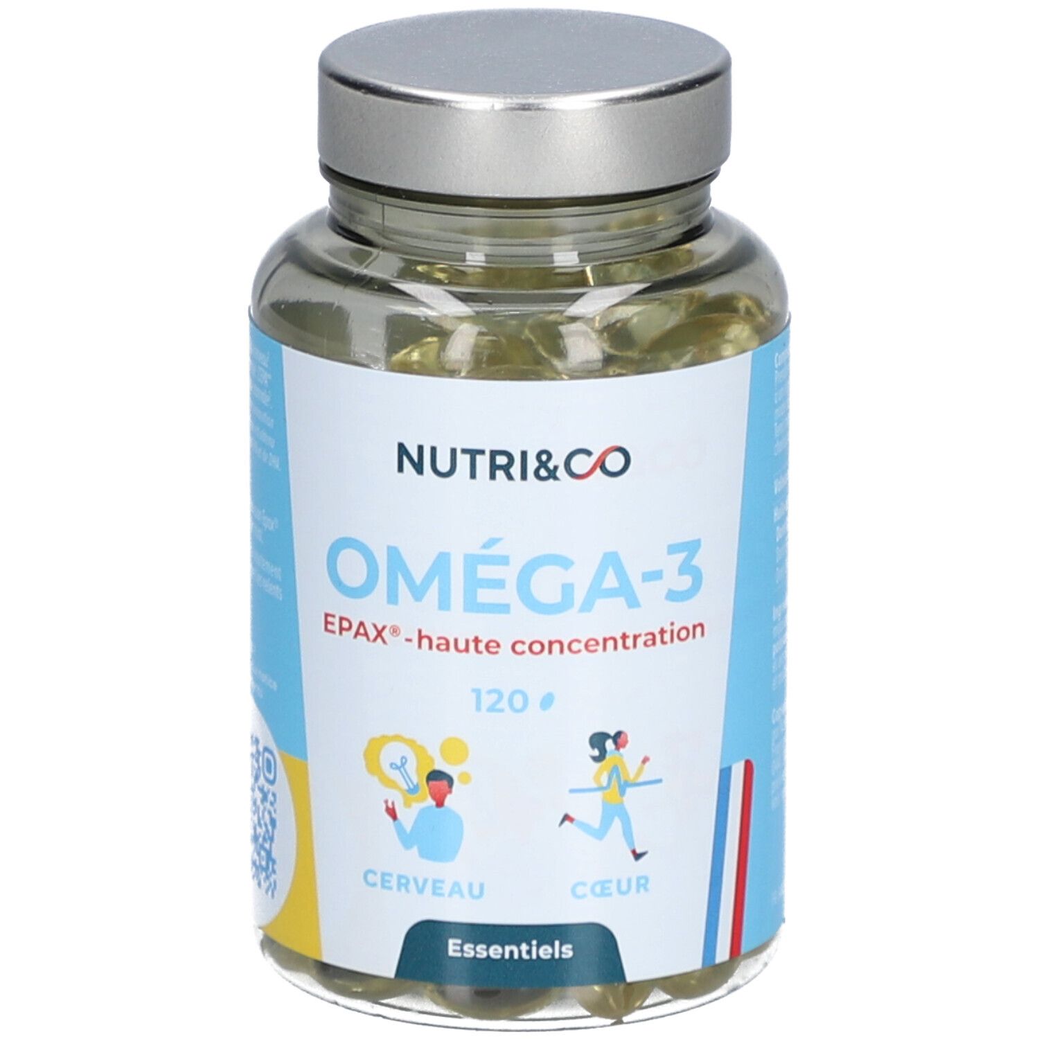 Flacon en verre avec capsules. Inscription: NUTRI&CO Oméga-3 EPAX. 120 capsules. Illustrations cerveau et cœur.