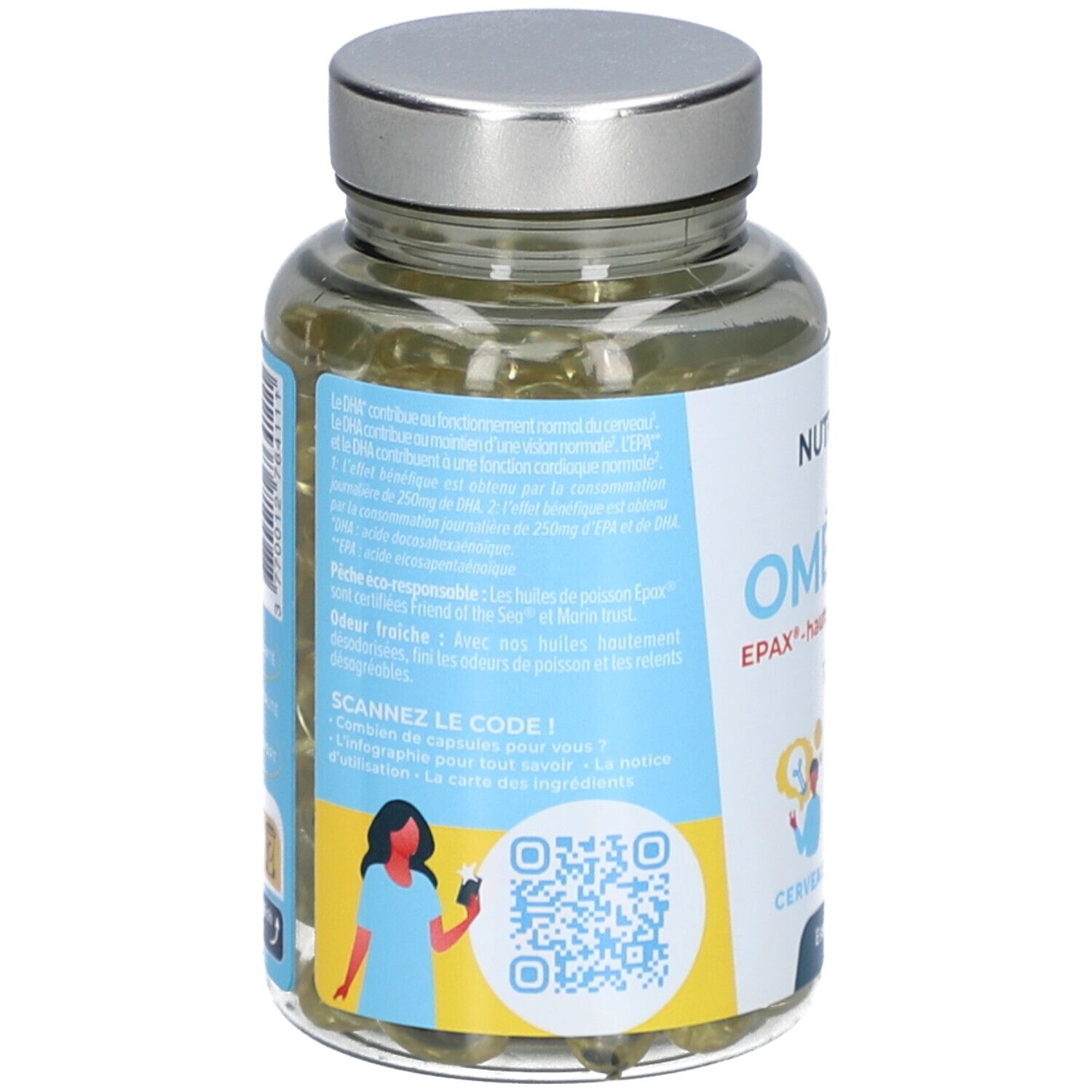 Dos du flacon avec texte et QR code. Informations sur ingrédients et valeurs nutritionnelles.