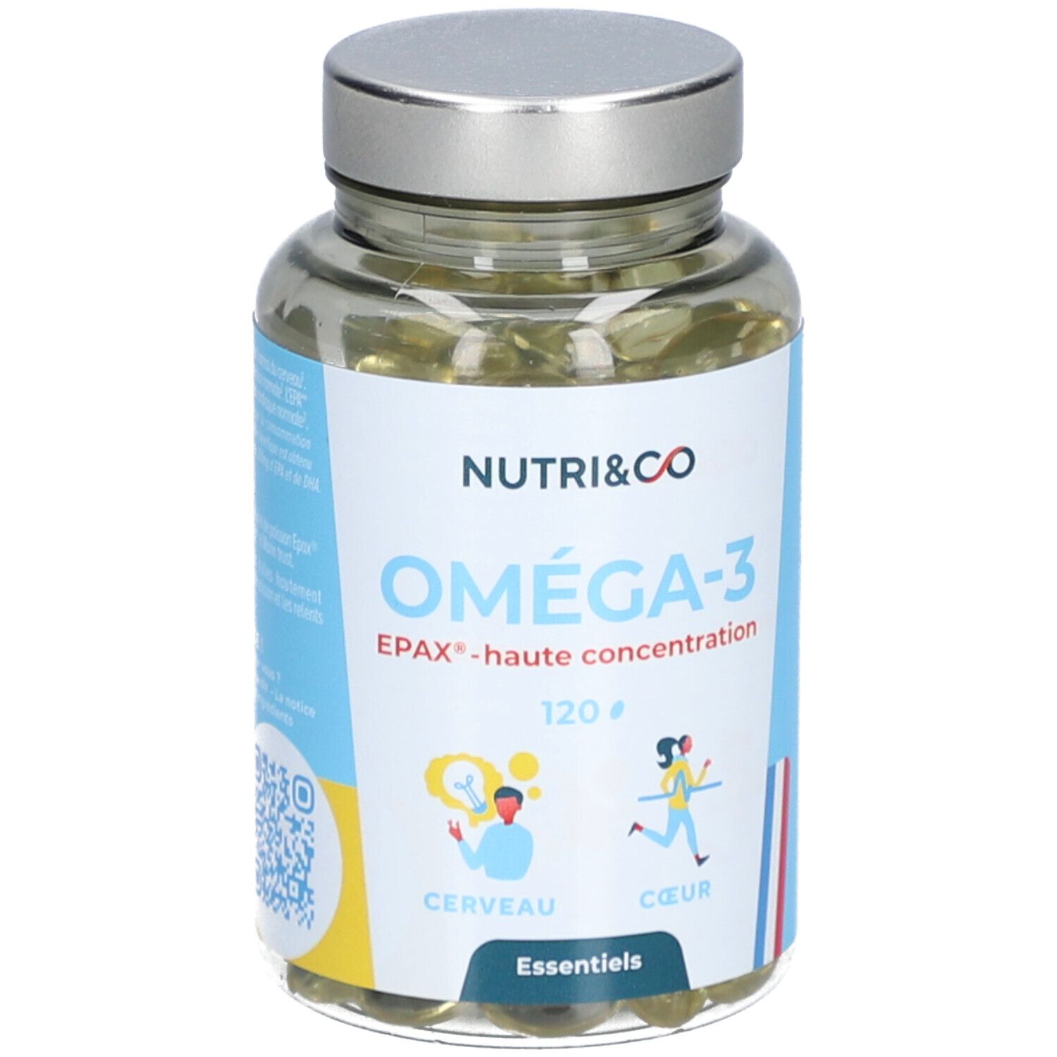 Flacon en verre avec capsules. Inscription: NUTRI&CO Oméga-3 EPAX. 120 capsules. Illustrations cerveau et cœur.
