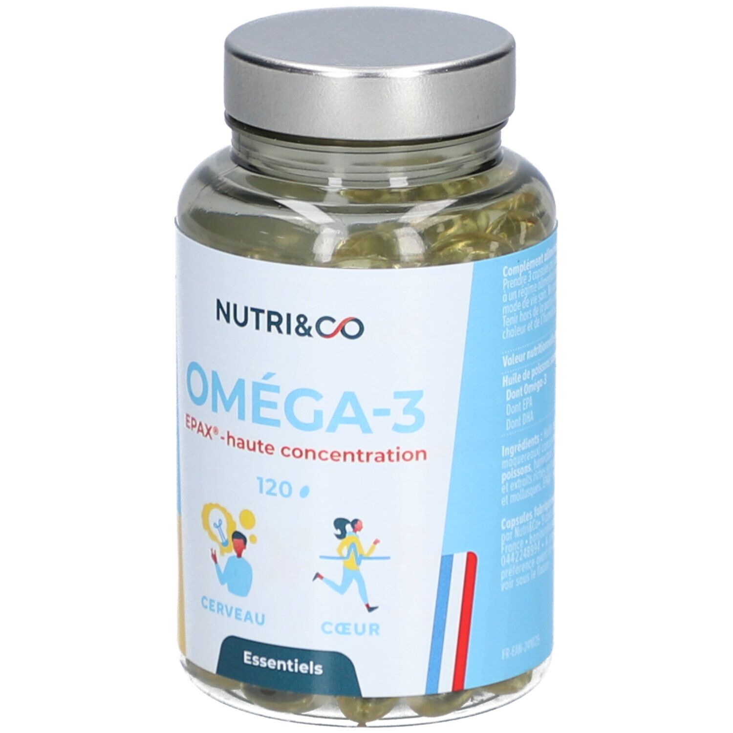 Flacon en verre avec capsules. Inscription: NUTRI&CO Oméga-3 EPAX. 120 capsules. Illustrations cerveau et cœur.