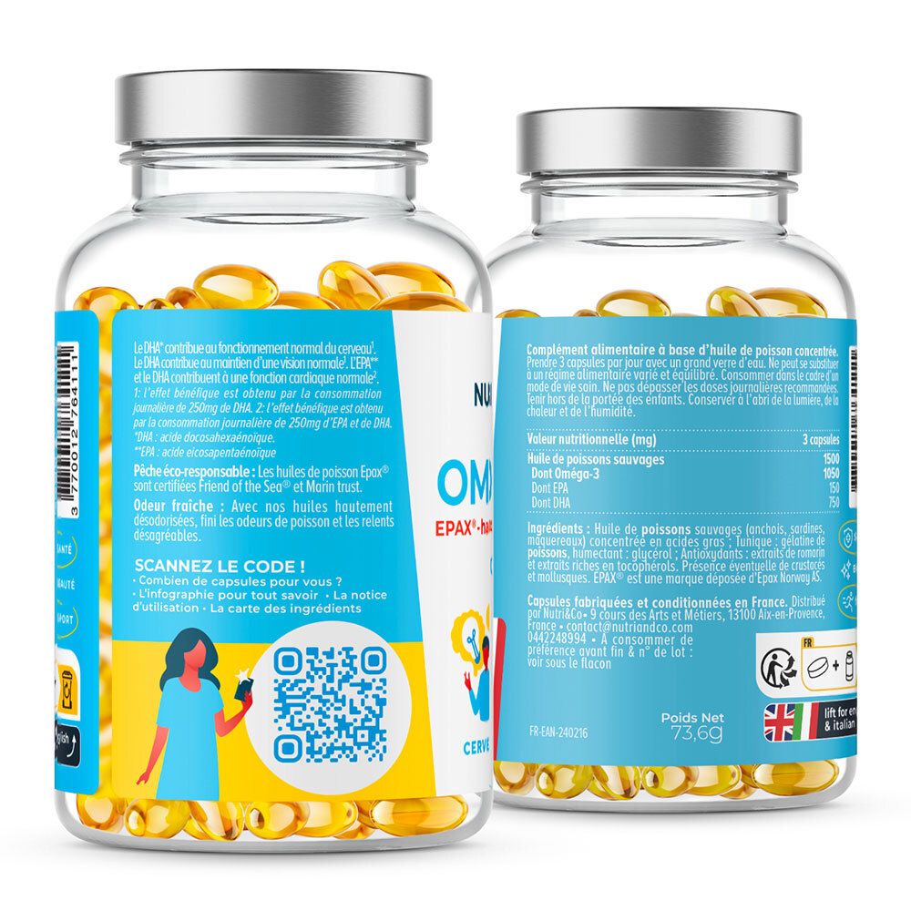Dos du flacon avec texte et QR code. Informations sur ingrédients et valeurs nutritionnelles. Drapeaux anglais et italien.