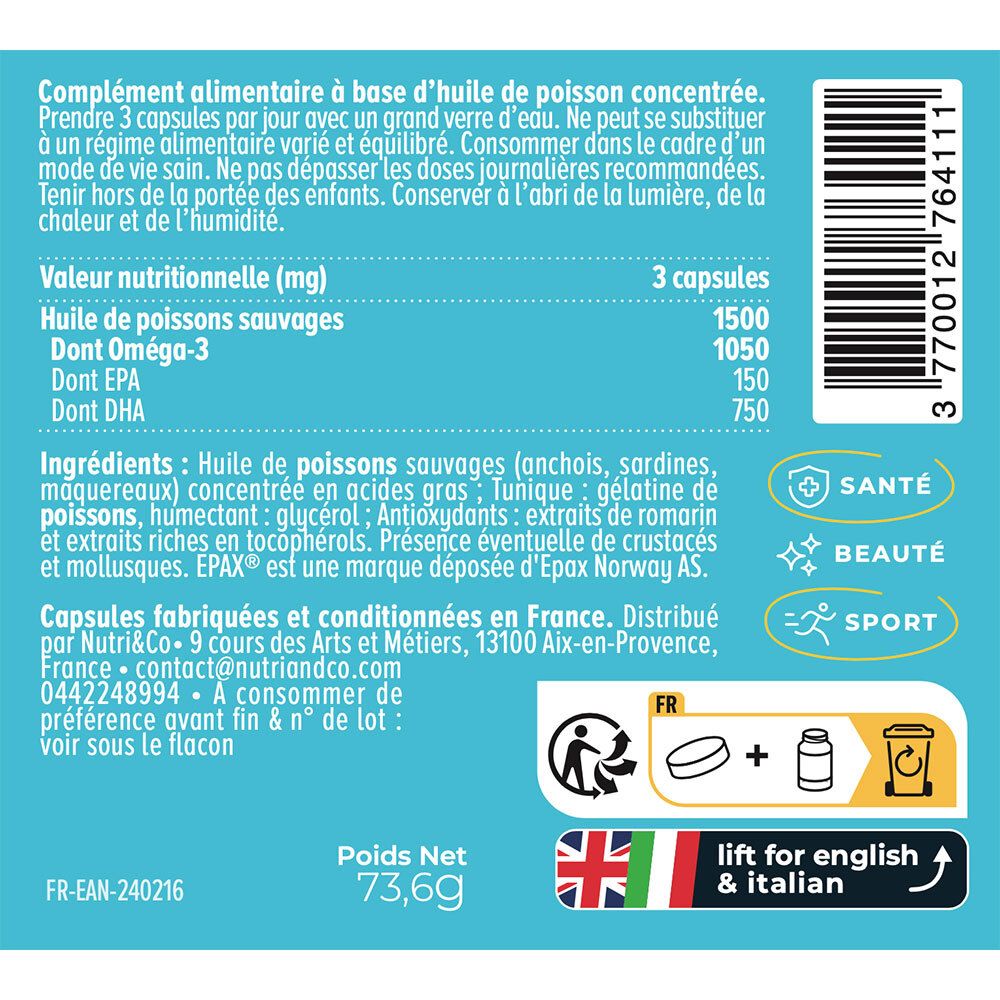 Gros plan du dos du flacon. Contient les valeurs nutritionnelles et ingrédients. Drapeaux anglais et italien.