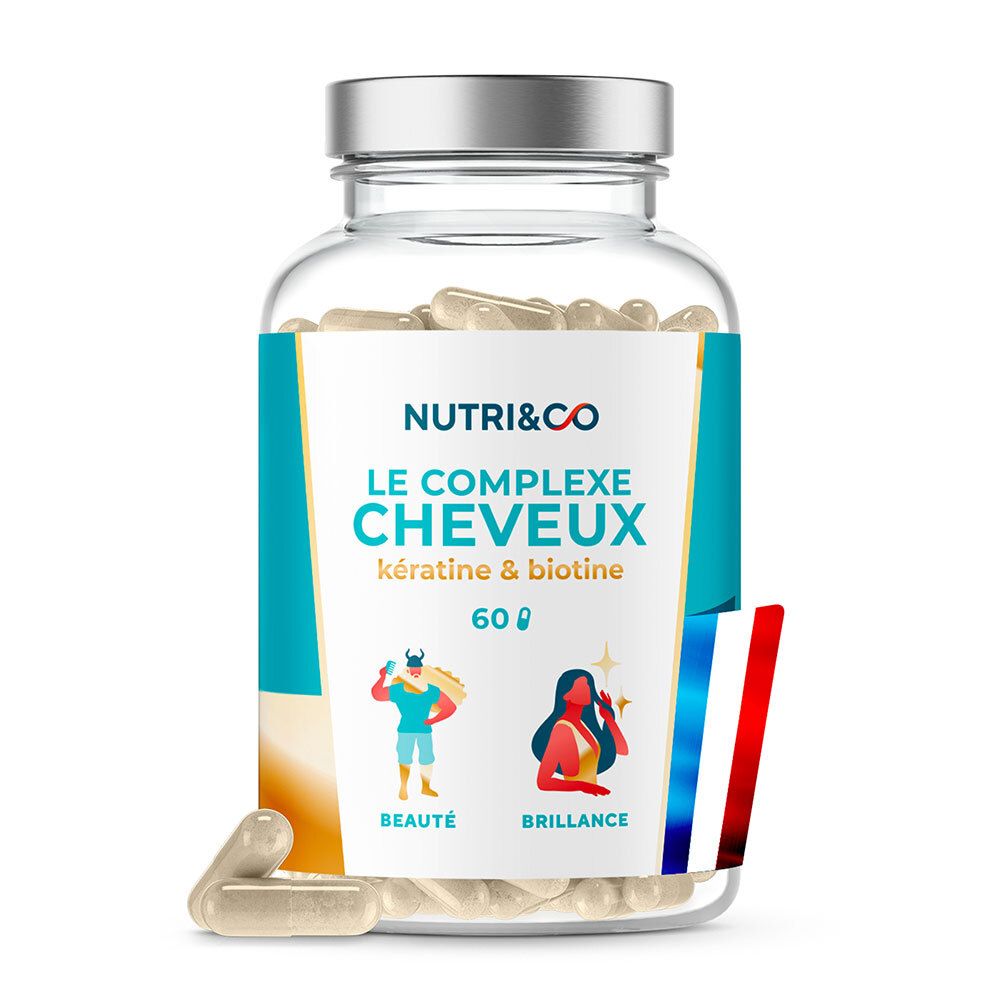 Flacon de gélules en verre. Inscription: NUTRI&CO, Le Complexe Cheveux, Kératine & biotine. Drapeau français.