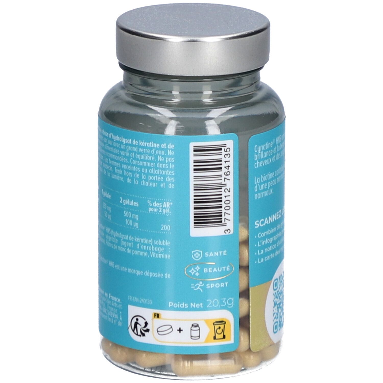 Dos du flacon avec informations nutritionnelles. Inscription: Le Complexe Cheveux. Ingrédients et utilisation.