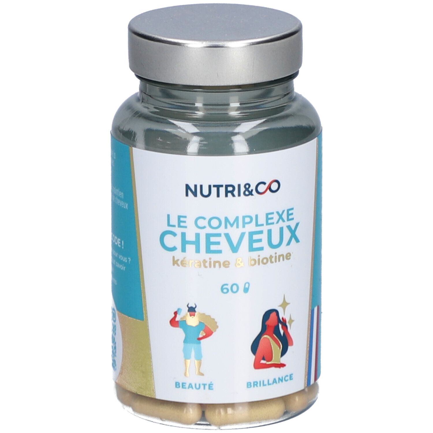 Flacon en verre avec gélules. Inscription: NUTRI&CO, Le Complexe Cheveux, Kératine & biotine, 60 g. Drapeau français.