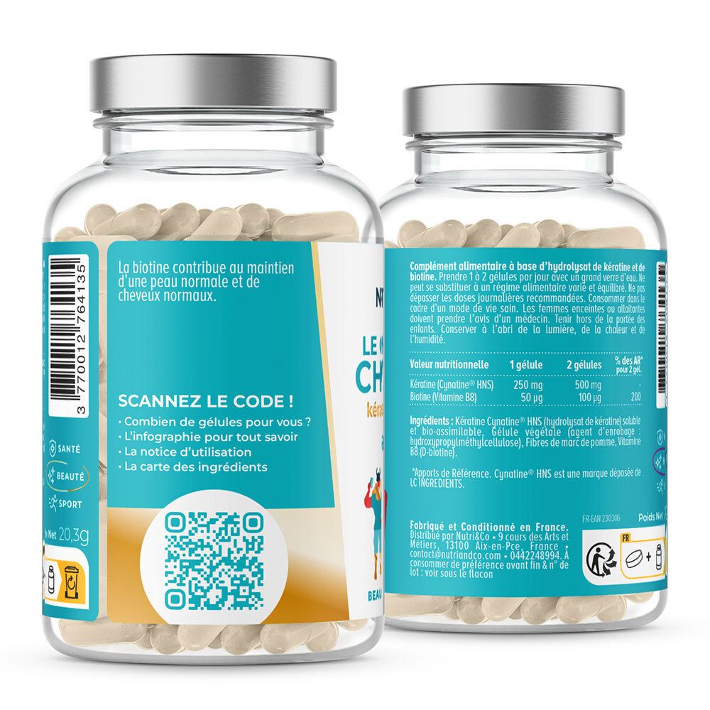 Dos du flacon avec texte et QR code. Inscription: Le Complexe Cheveux. Informations sur les ingrédients et l'utilisation.
