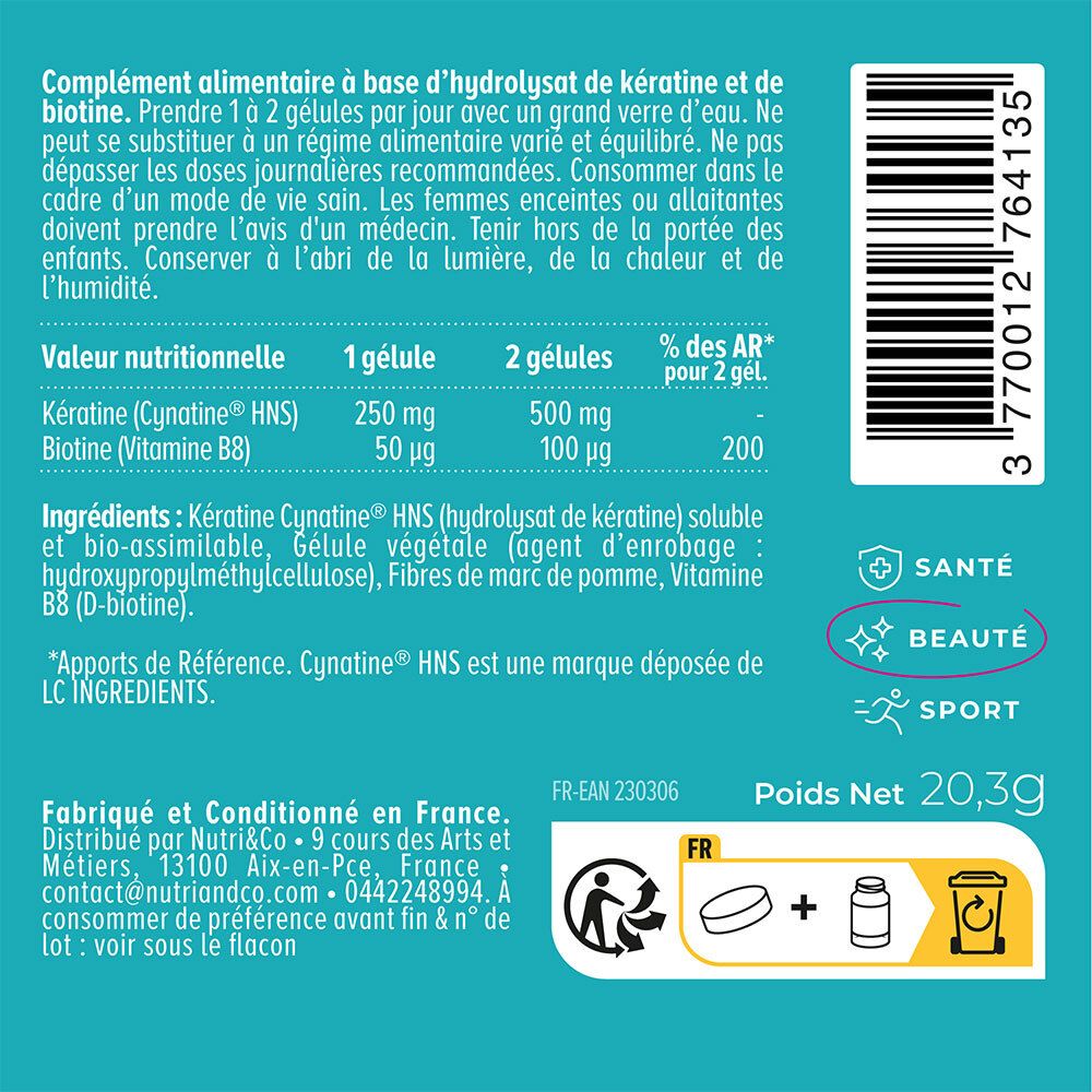 Dos du flacon avec informations nutritionnelles. Inscription: Le Complexe Cheveux. Ingrédients et utilisation.