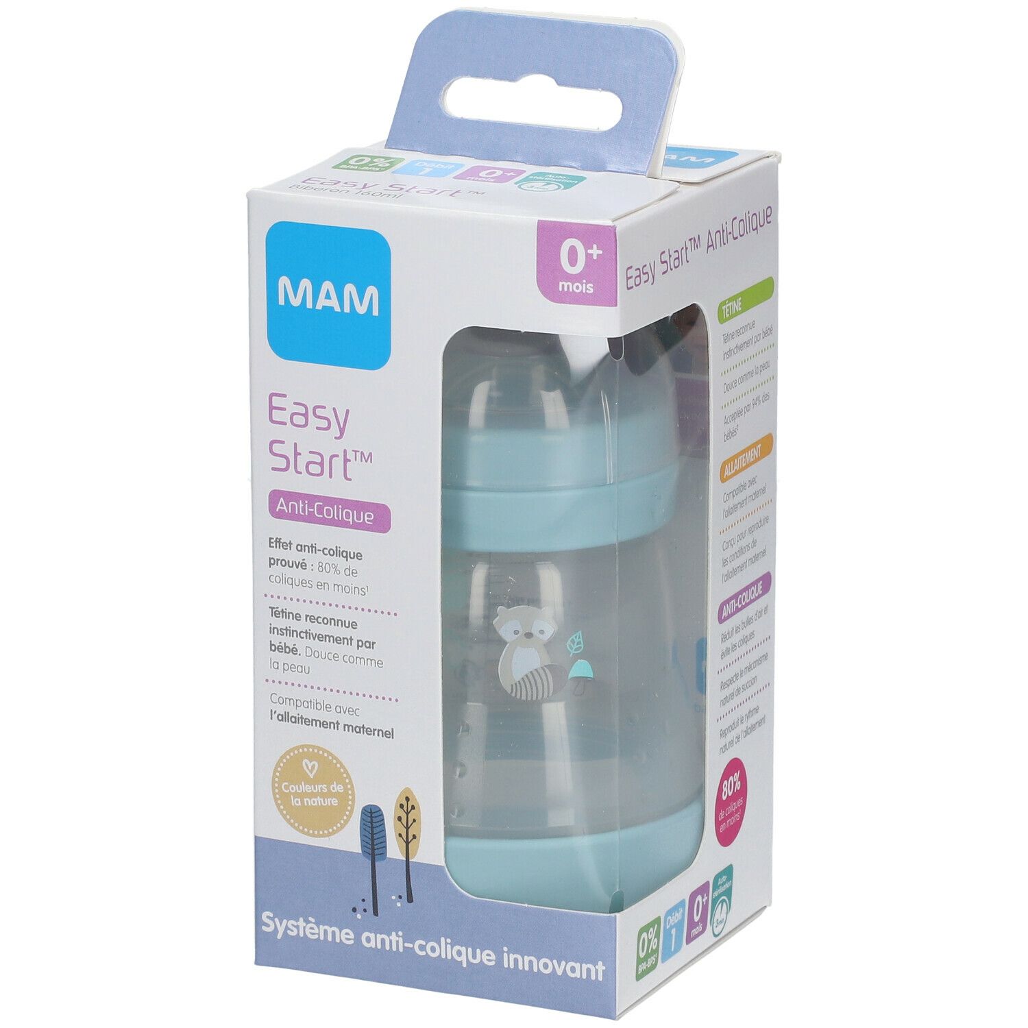 MAM Easy Start Anti-Colic Flasche in Verpackung. Hellblaue Flasche mit Messskala und Motiv. Verpackung mit Produktinformationen.