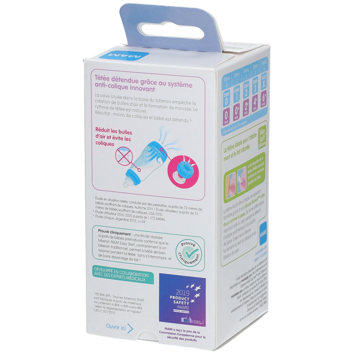 Rückseite der MAM Easy Start Anti-Colic Flaschenverpackung. Text und Grafiken zeigen Produktmerkmale und Zertifizierungen.