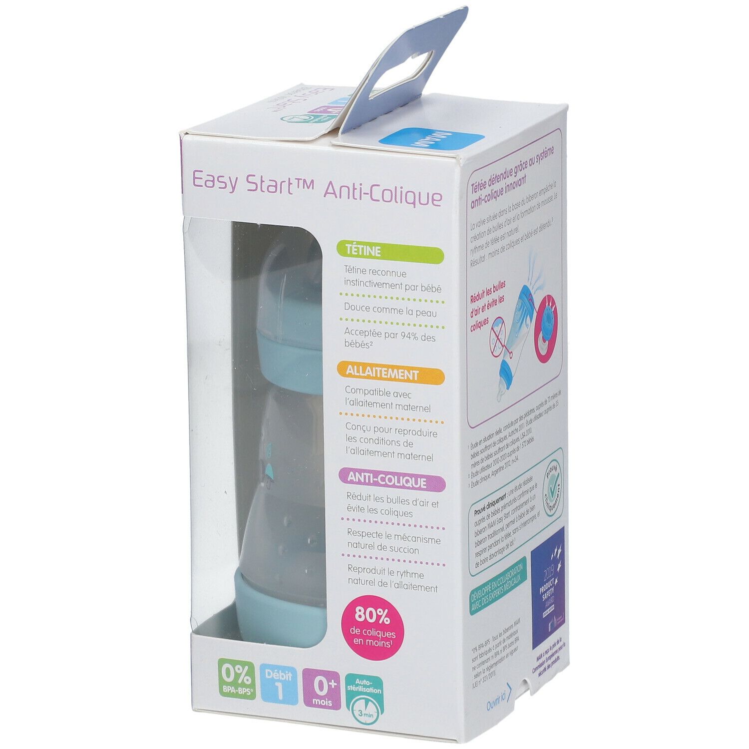 MAM Easy Start Anti-Colic Flasche in Verpackung. Hellblaue Flasche sichtbar. Verpackung mit Produktinformationen und Grafiken.