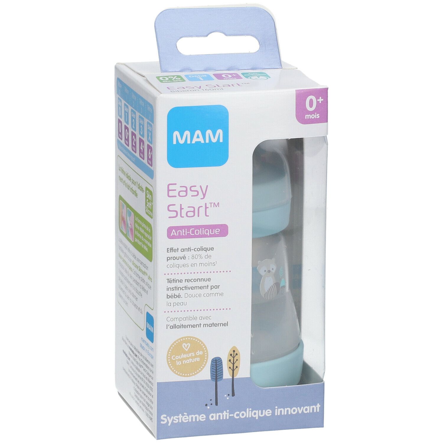 MAM Easy Start Anti-Colic Flasche in Verpackung. Hellblaue Flasche mit Motiv. Verpackung mit Produktinformationen und Grafiken.