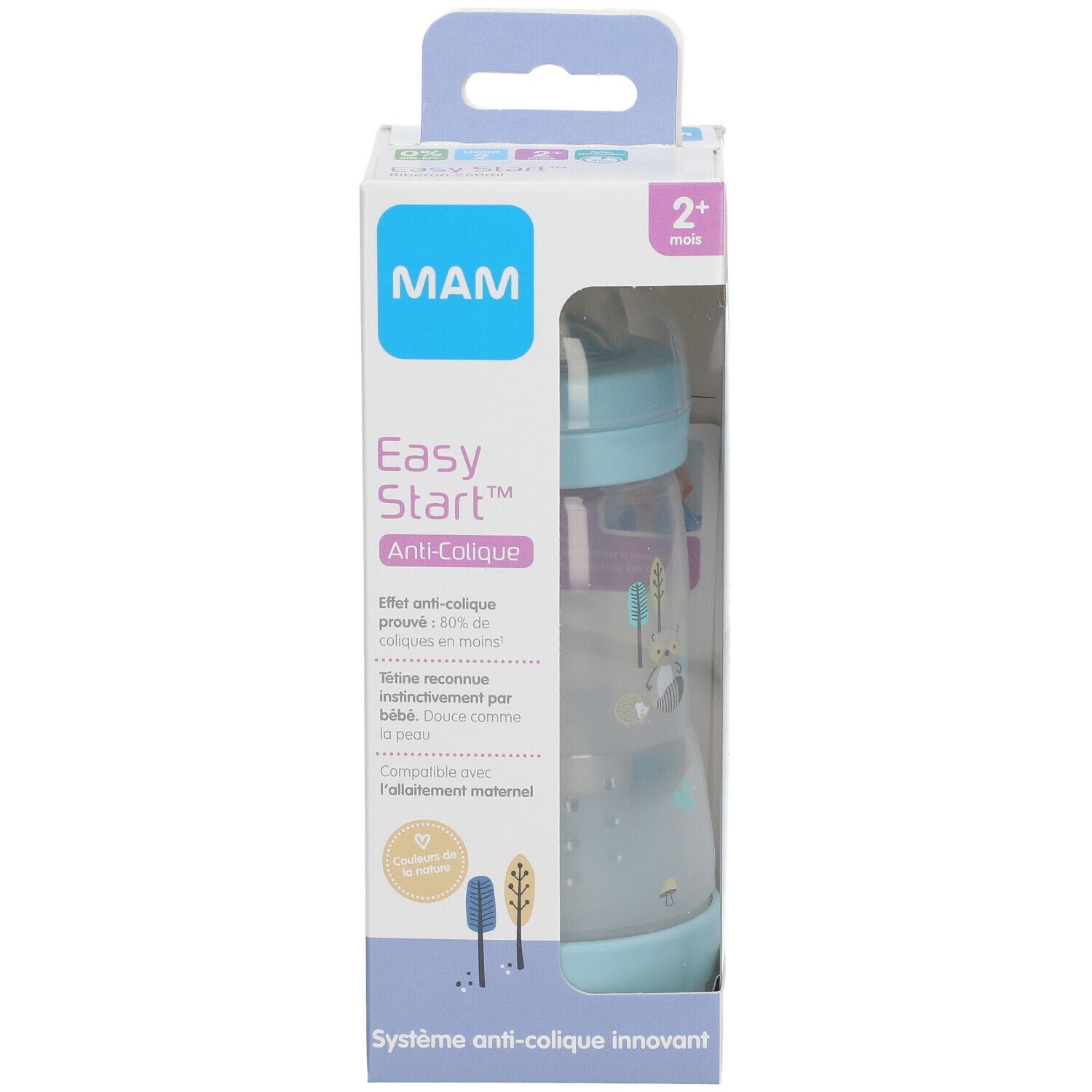 Biberon dans son emballage. Biberon bleu clair avec corps transparent. Inscriptions : MAM, Easy Start Anti-Colique, 2+ mois.