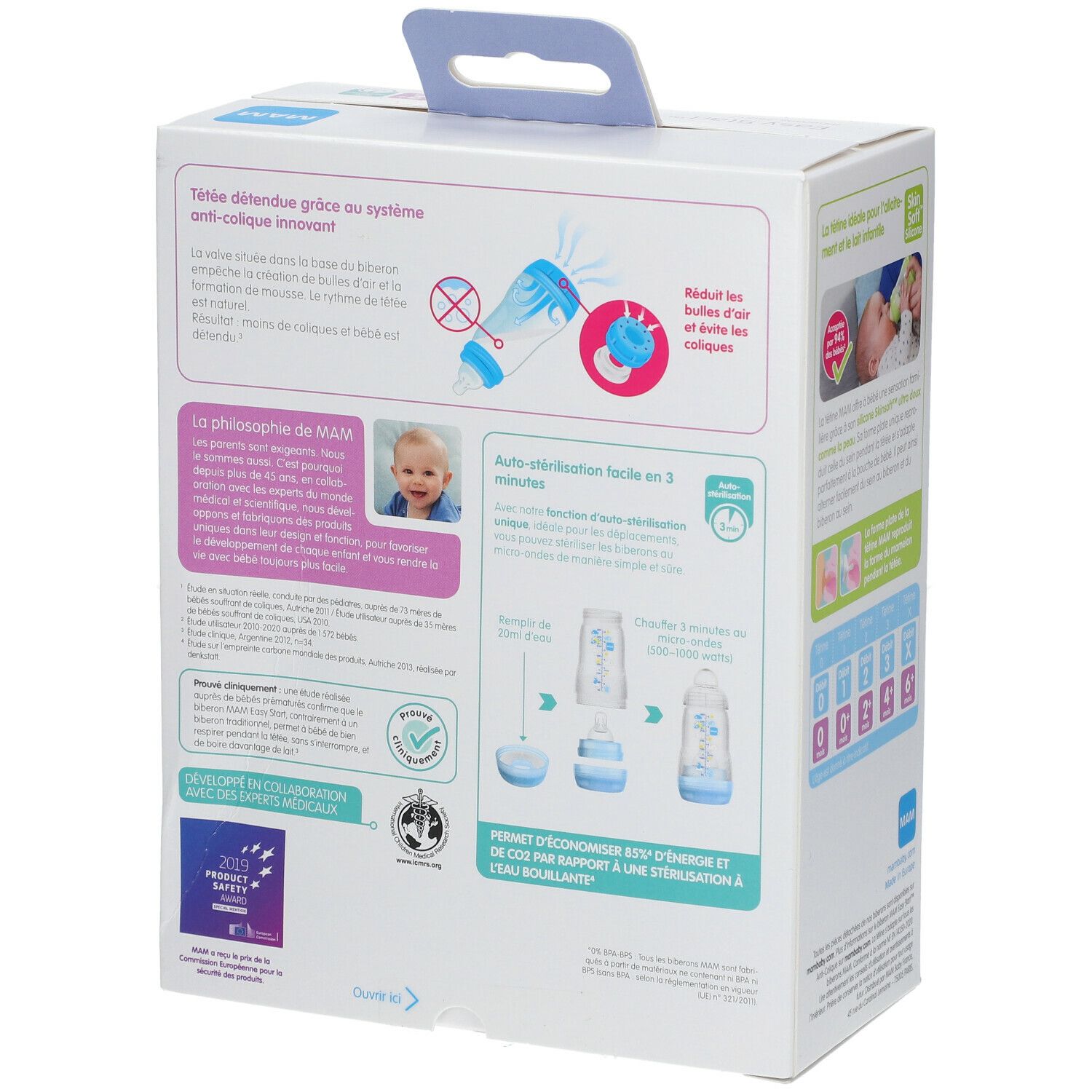 Emballage, dos. Diagrammes et texte. Biberon avec couvercle rose. Texte: MAM, Easy Start Anti-Colique. Logo bleu.