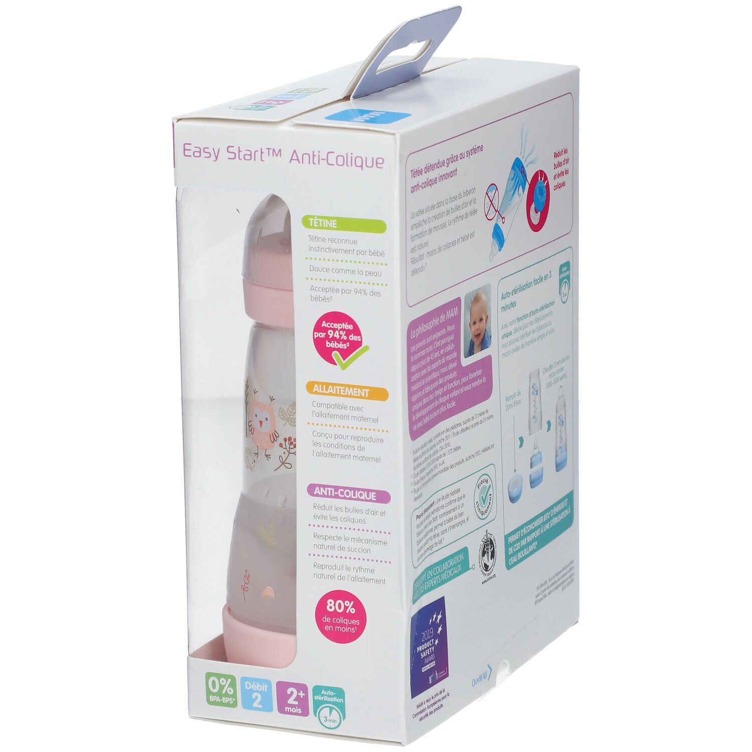 Emballage avec biberon. Couvercle rose, corps transparent. Texte: MAM, Easy Start Anti-Colique. Diagrammes et texte.