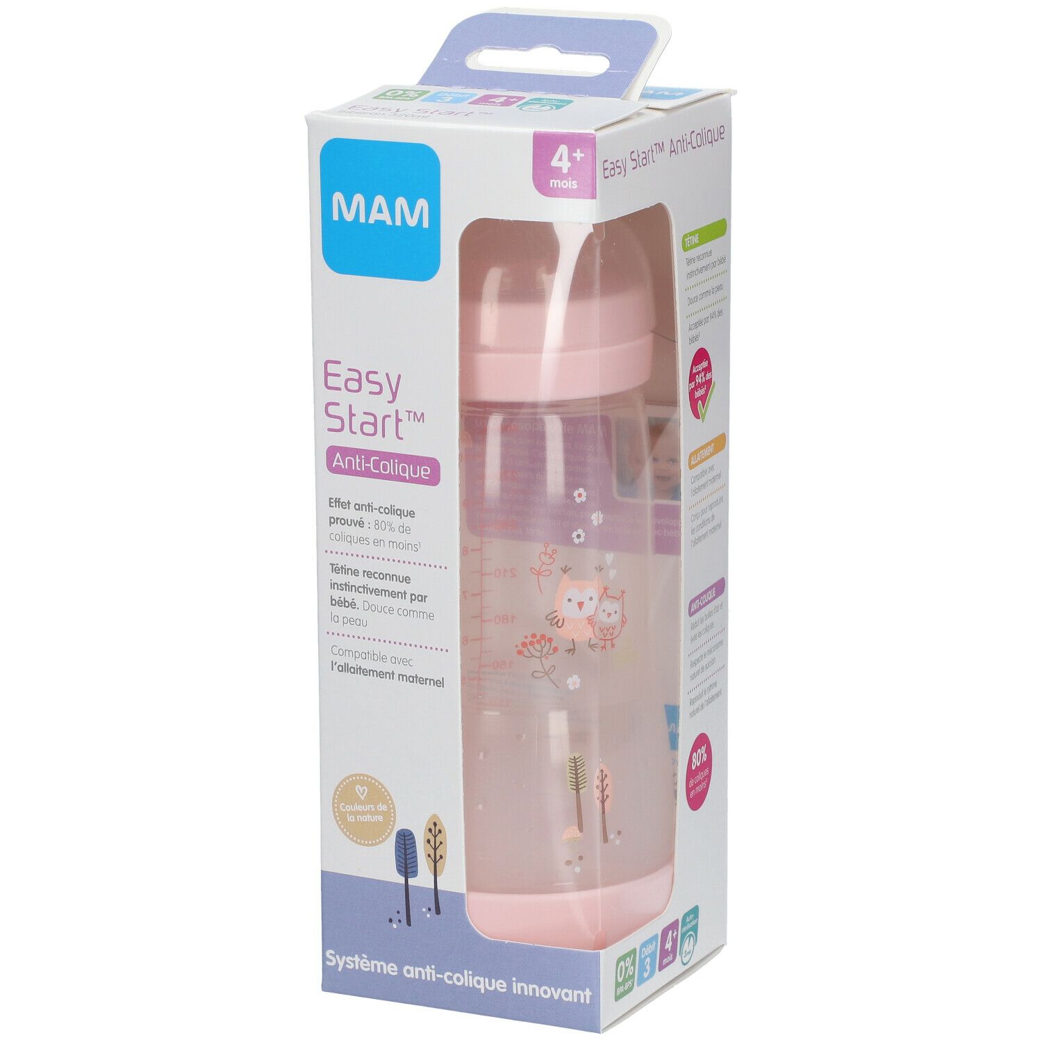 Biberon rose dans son emballage. Échelle de mesure et motif animalier. Logo MAM et inscription Easy Start Anti-Colique.