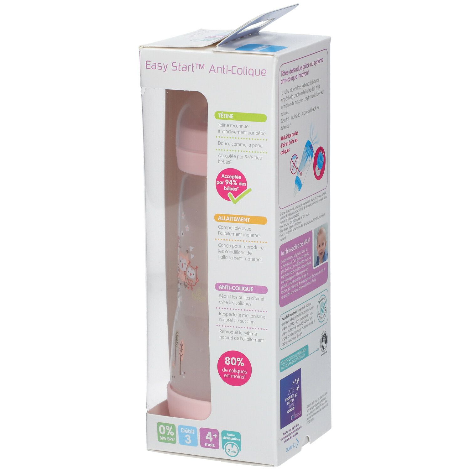 Emballage avec biberon. Biberon rose visible. Logo MAM et nom du produit. Informations sur la fonctionnalité.