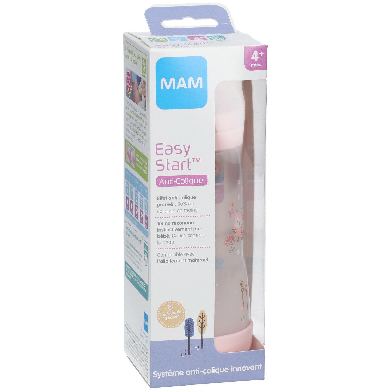 Biberon dans son emballage. Biberon rose avec échelle. Logo MAM et Easy Start Anti-Colique. 4+ mois.