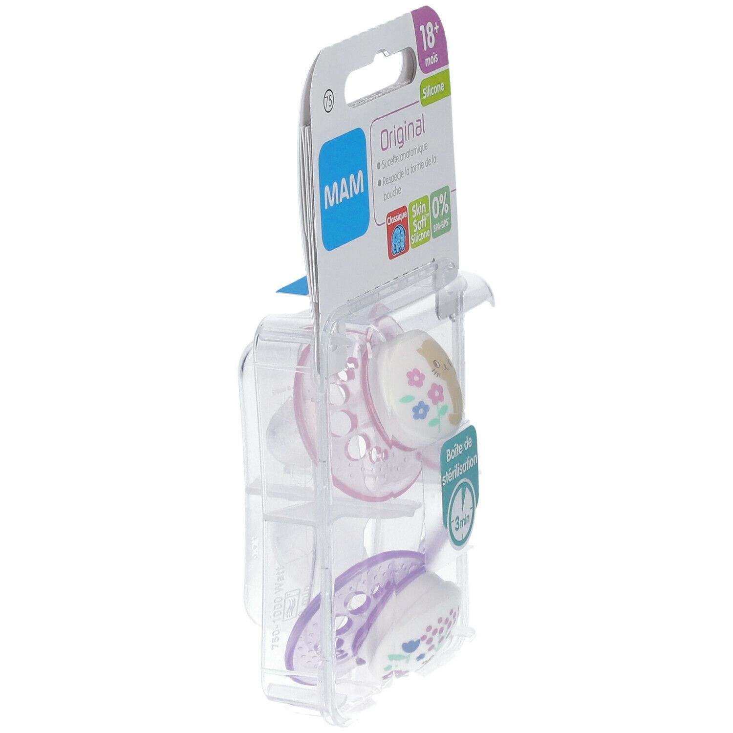 Zwei Schnuller in einer transparenten Verpackung, seitlich betrachtet. Auf den Schnullern sind Blumen abgebildet. Verpackung mit Markennamen und Altersangabe.