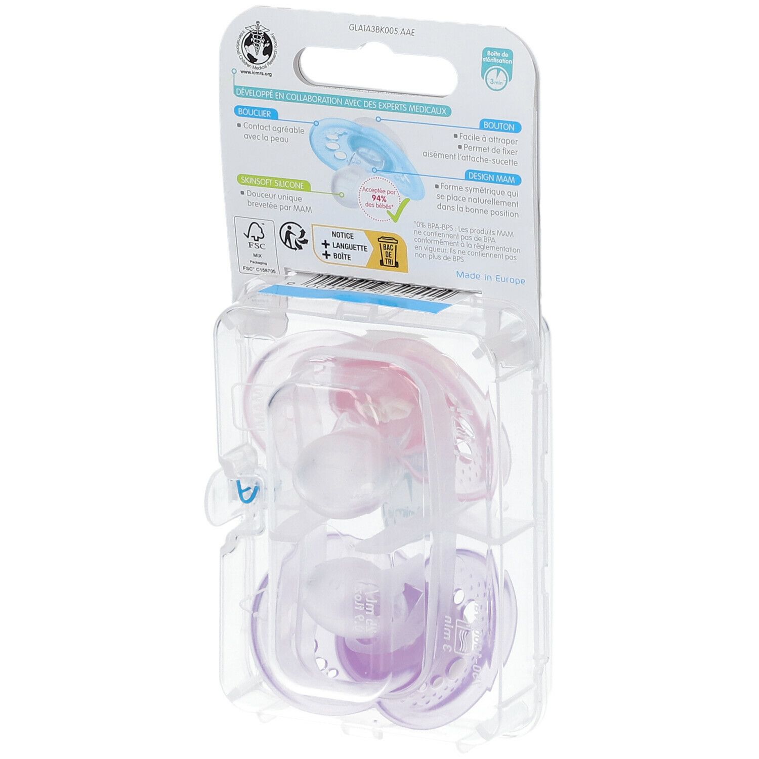 Rückseite der Verpackung mit zwei Schnullern. Informationen zu den Schnullern und deren Eigenschaften. Verpackung mit Markennamen und Altersangabe.