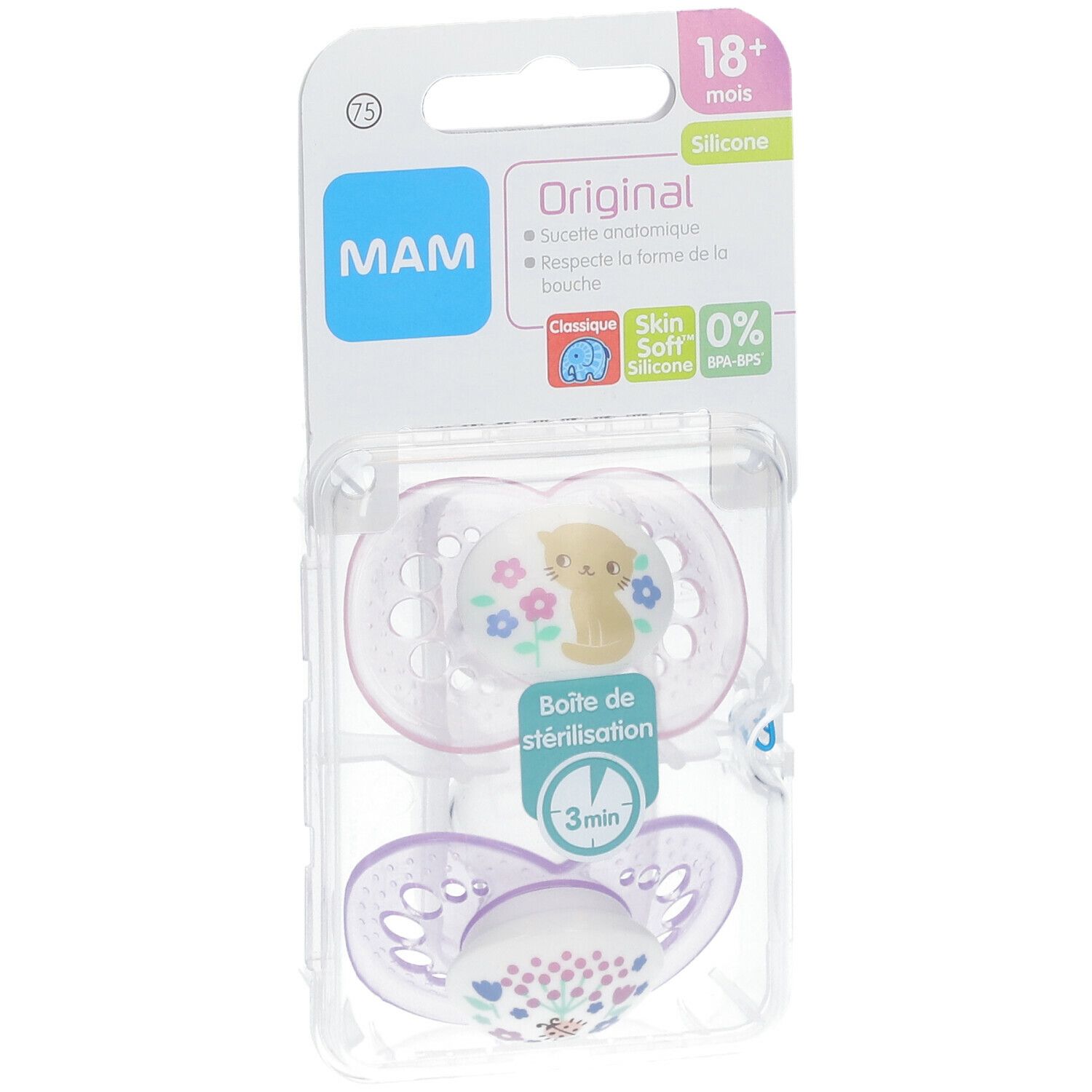 Zwei Schnuller in einer transparenten Verpackung. Auf den Schnullern sind Blumen und ein Kätzchen abgebildet. Verpackung mit Markennamen und Altersangabe.