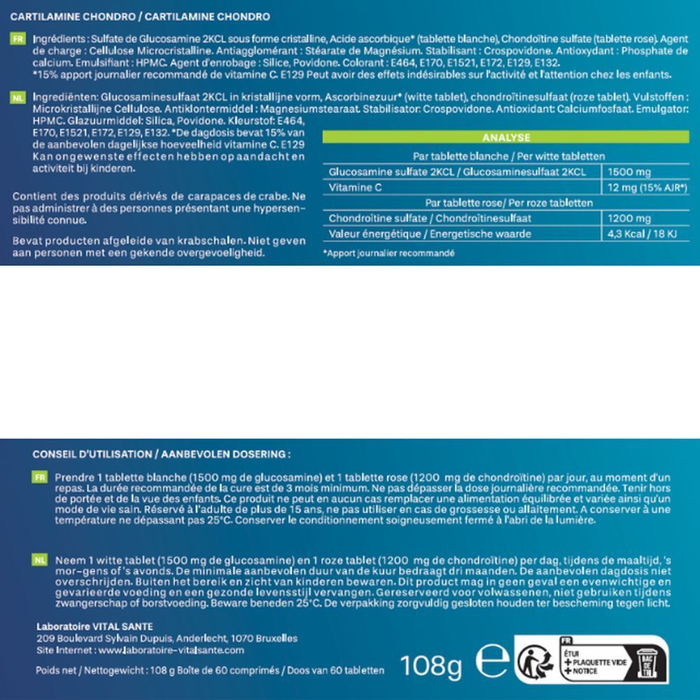 Dos de la boîte Vital Santé Cartilamine Chondro avec ingrédients détaillés et analyse.