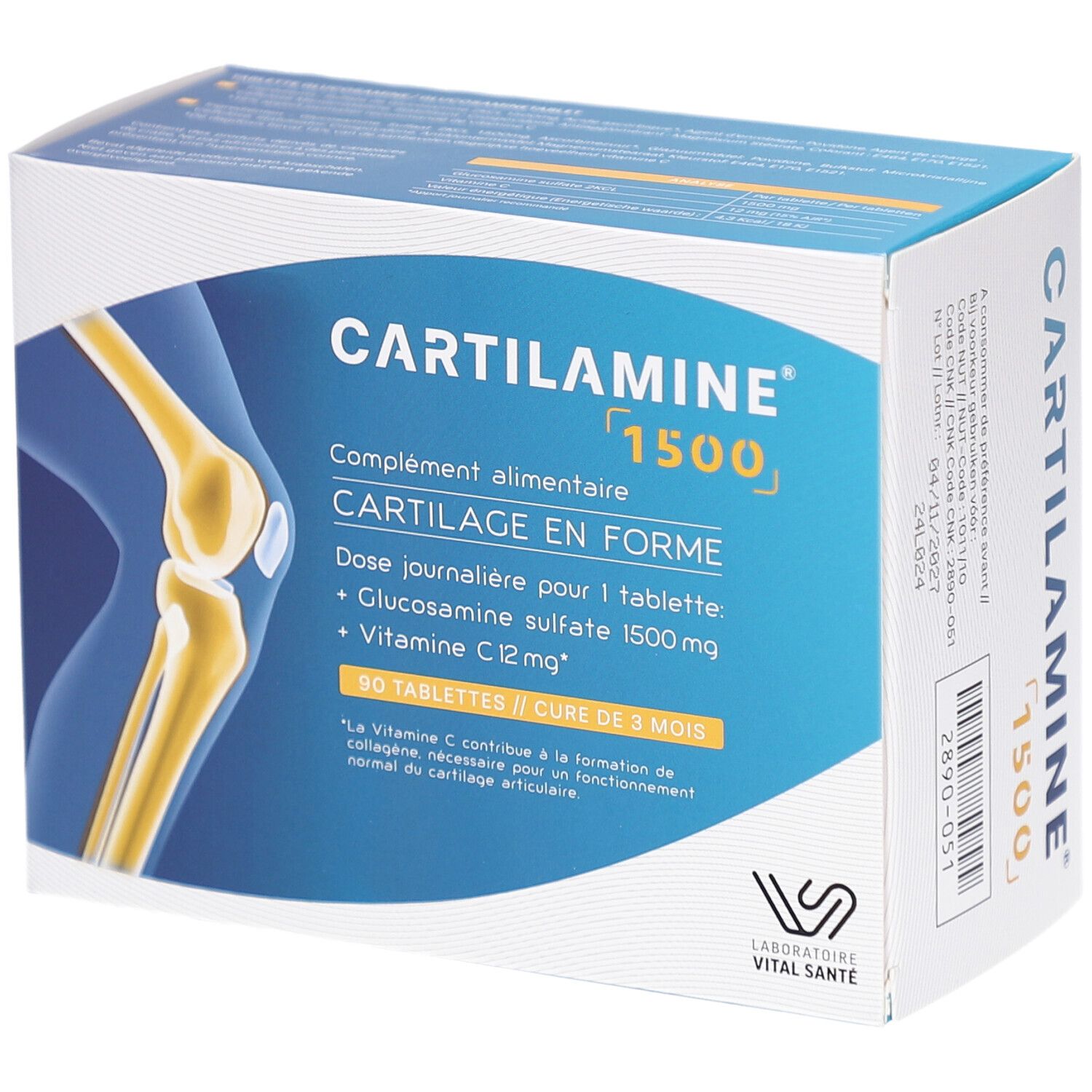 Schachtel CARTILAMINE 1500. Aufschrift: Nahrungsergänzungsmittel, Knorpel in Form. Enthält Glucosaminsulfat und Vitamin C. 90 Tabletten.