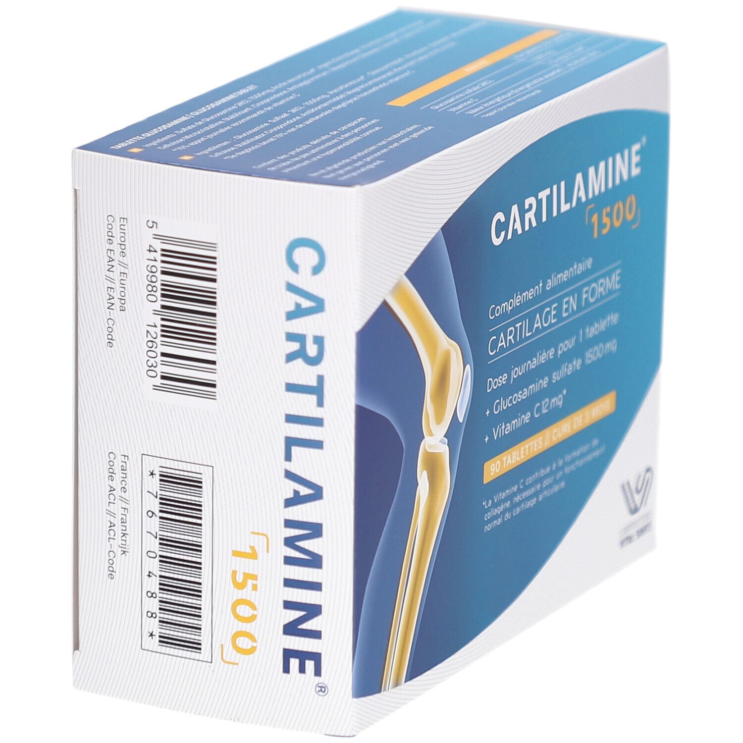 Schachtel CARTILAMINE 1500, Seitenansicht. Aufschrift: Nahrungsergänzungsmittel. Enthält Glucosaminsulfat und Vitamin C. Barcodes.