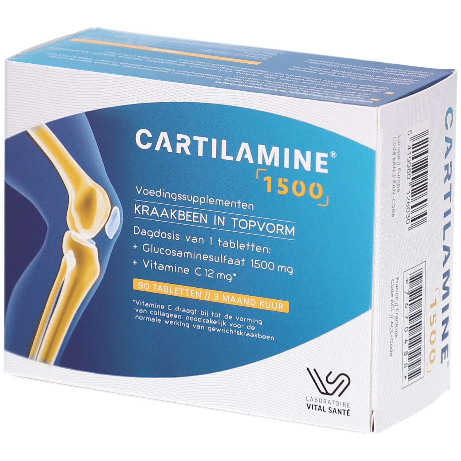 Schachtel CARTILAMINE 1500. Aufschrift: Nahrungsergänzungsmittel, Knorpel in Topform. Enthält Glucosaminsulfat und Vitamin C. 90 Tabletten.