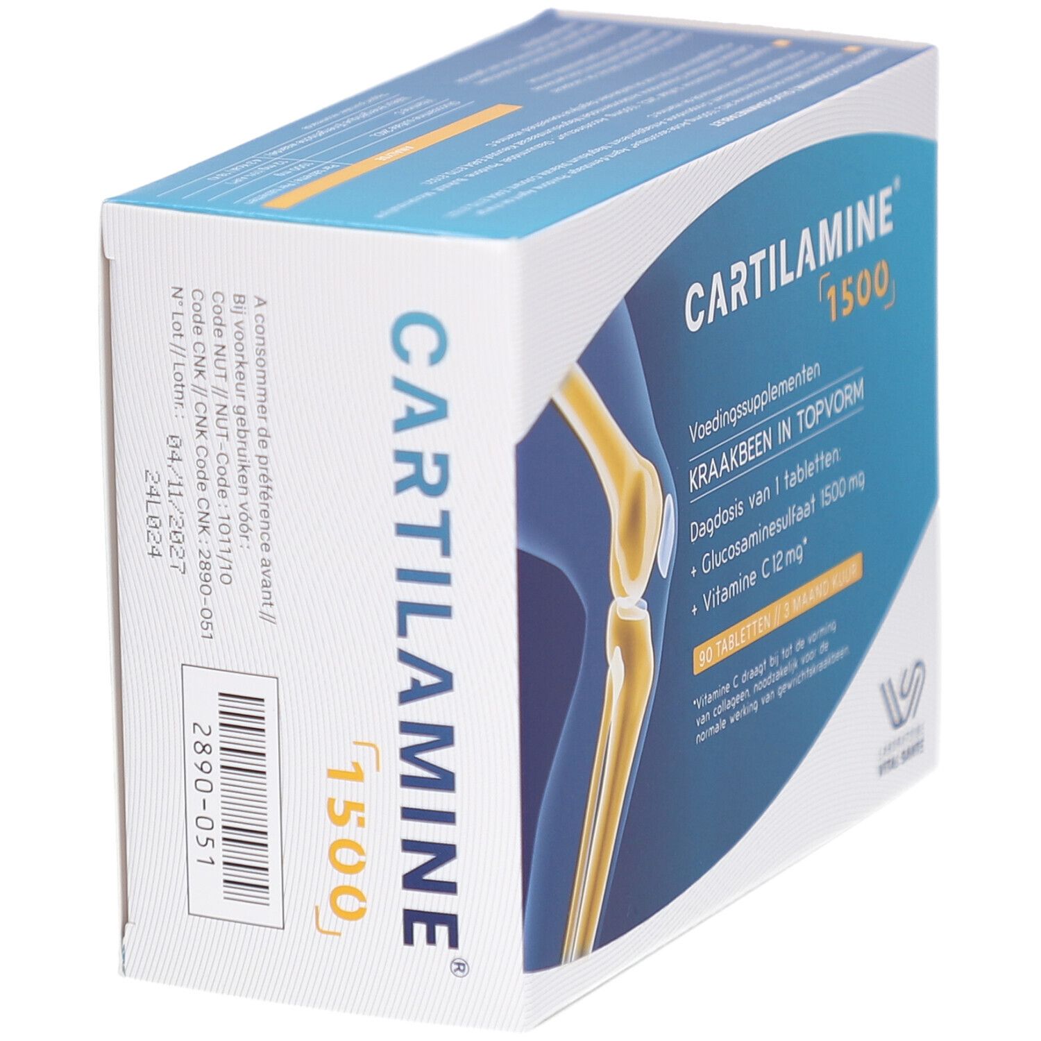 Schachtel CARTILAMINE 1500, Seitenansicht. Aufschrift: Nahrungsergänzungsmittel. Enthält Glucosaminsulfat und Vitamin C. Barcodes.