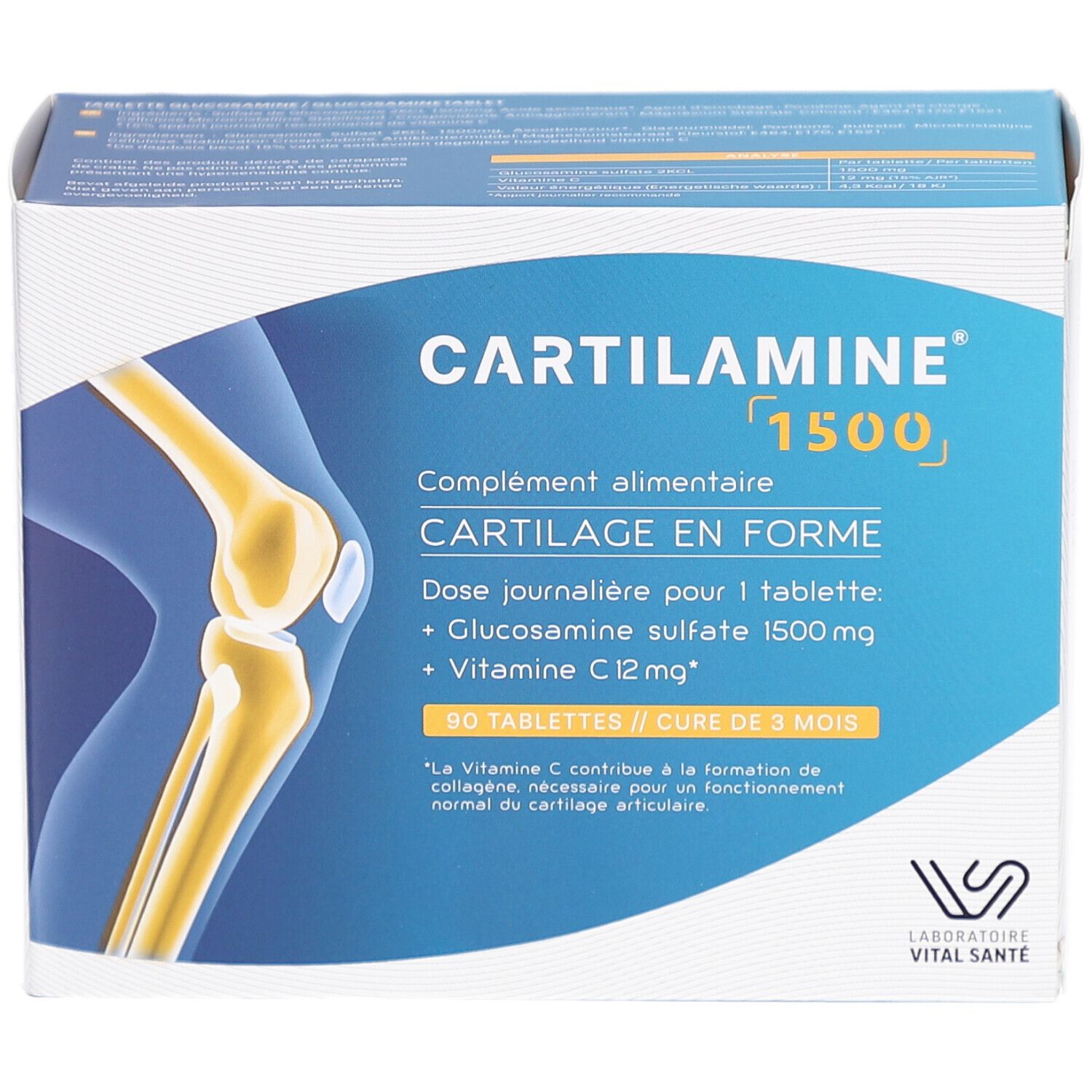 CARTILAMINE 1500 Schachtel. Aufschrift: Nahrungsergänzungsmittel, Knorpel in Form. Enthält Glucosaminsulfat und Vitamin C. 90 Tabletten.