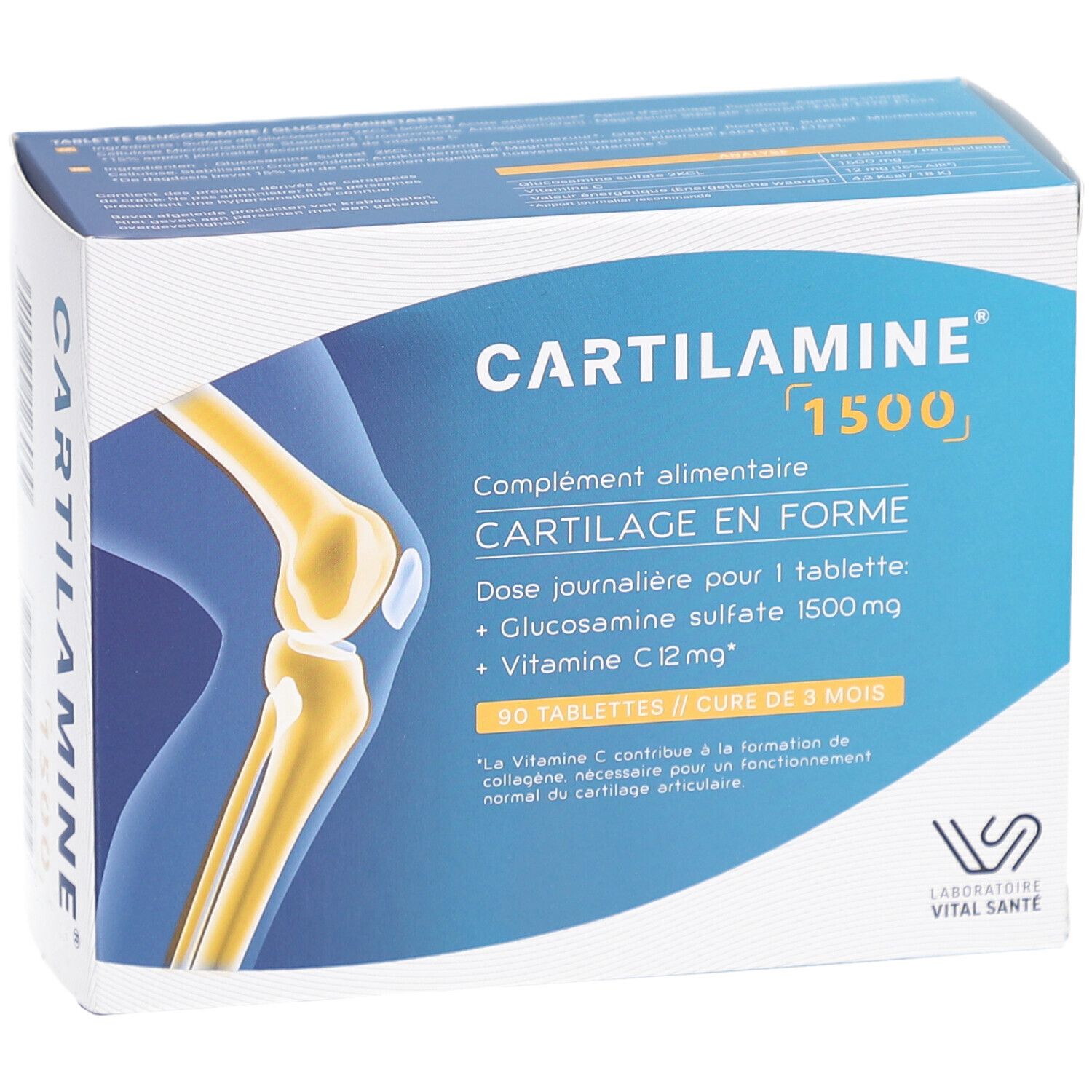 CARTILAMINE 1500 Schachtel. Aufschrift: Nahrungsergänzungsmittel, Knorpel in Form. Enthält Glucosaminsulfat und Vitamin C. 90 Tabletten.