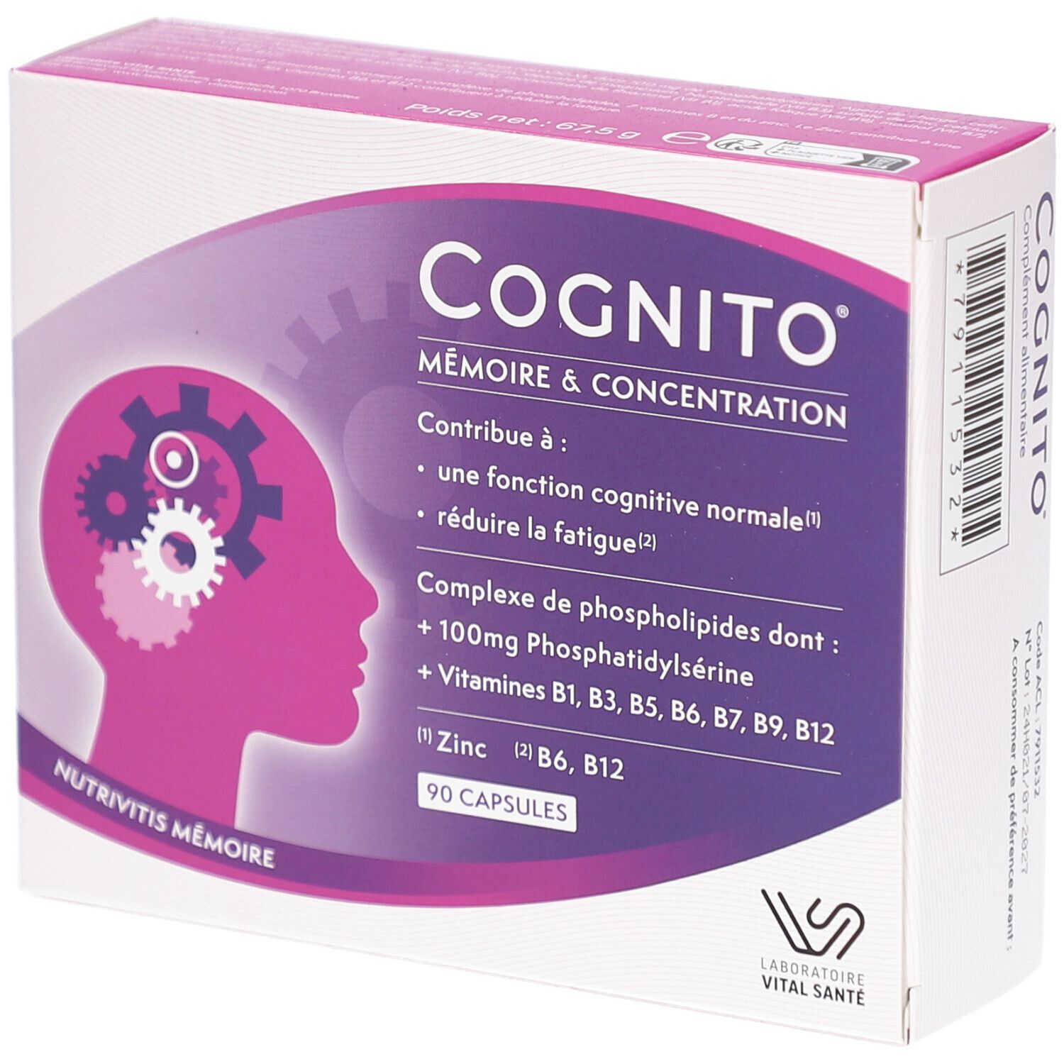 Schachtel mit COGNITO MÉMOIRE. Enthält 90 Kapseln. Aufschrift: Mémoire & Concentration. Enthält Phosphatidylserin und Vitamine.