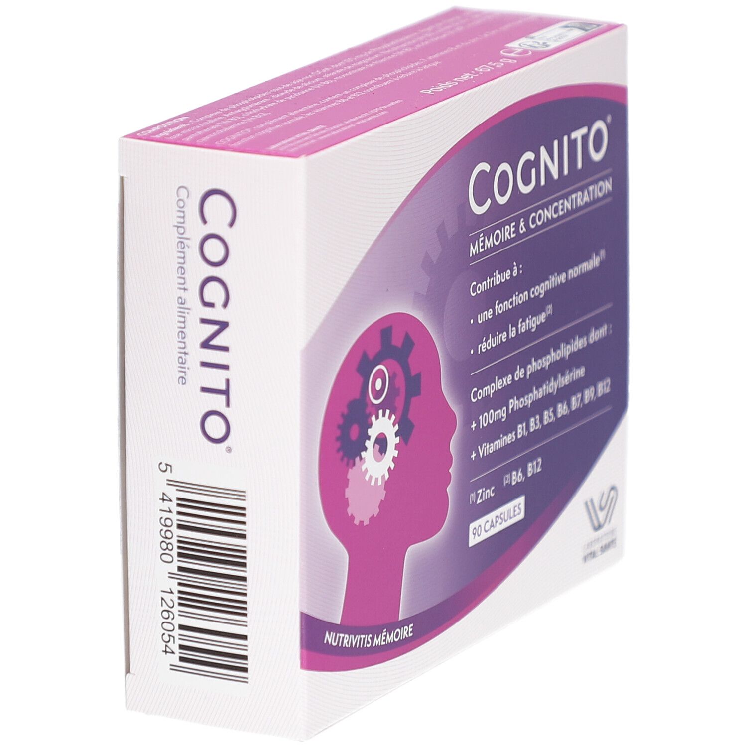 COGNITO MÉMOIRE-Schachtel, Seitenansicht. Aufschrift: Mémoire & Concentration. Enthält 90 Kapseln. Enthält Phosphatidylserin und Vitamine.