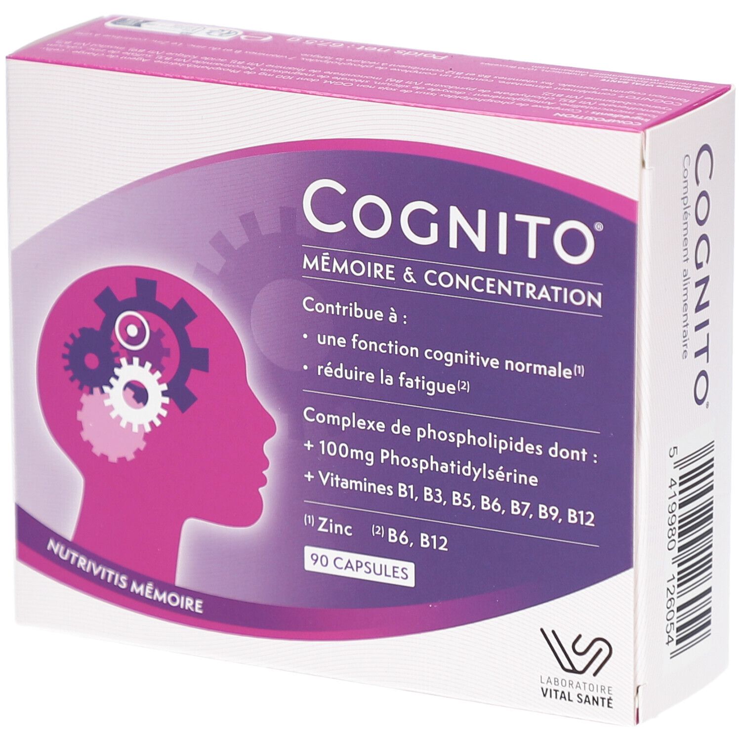 Schachtel mit COGNITO MÉMOIRE. Aufschrift: Mémoire & Concentration. Enthält 90 Kapseln. Enthält Phosphatidylserin und Vitamine.