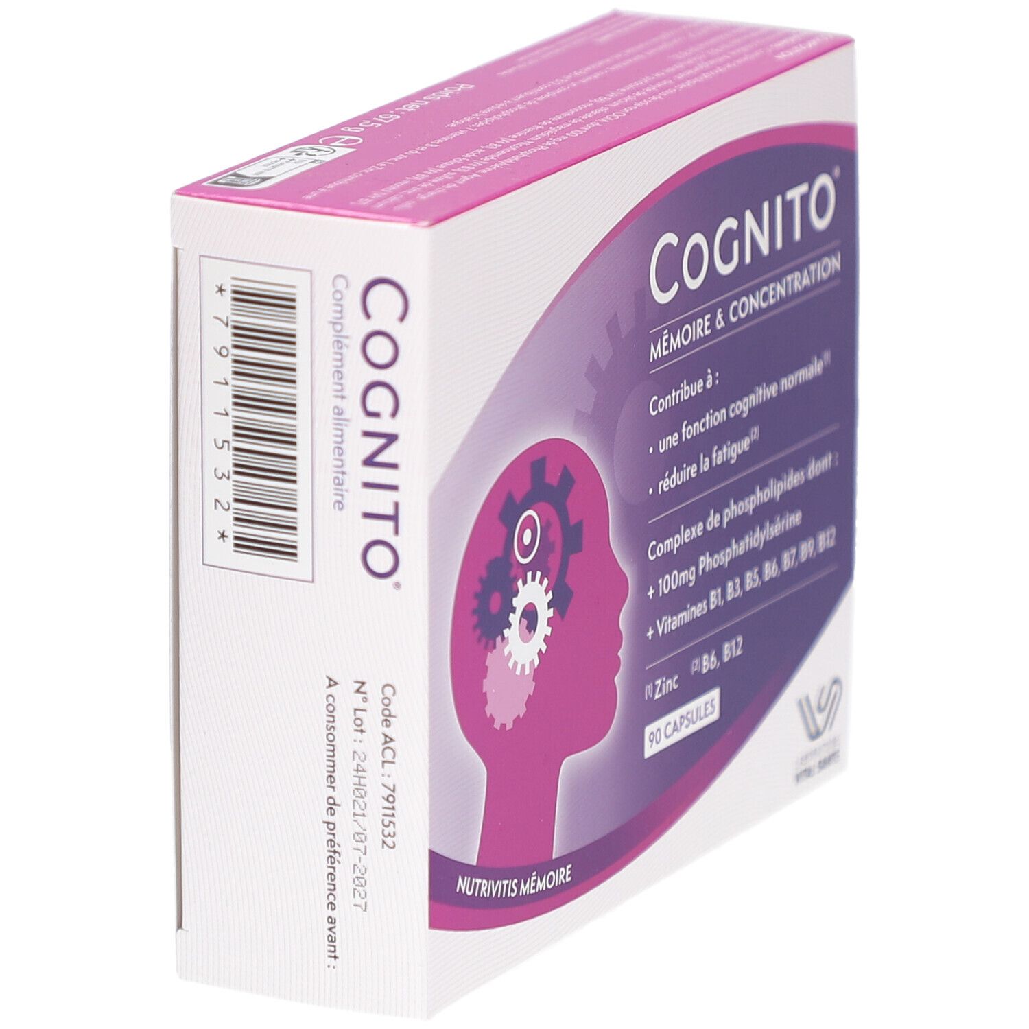 COGNITO MÉMOIRE-Schachtel, schräge Ansicht. Aufschrift: Mémoire & Concentration. Enthält 90 Kapseln. Enthält Phosphatidylserin und Vitamine.