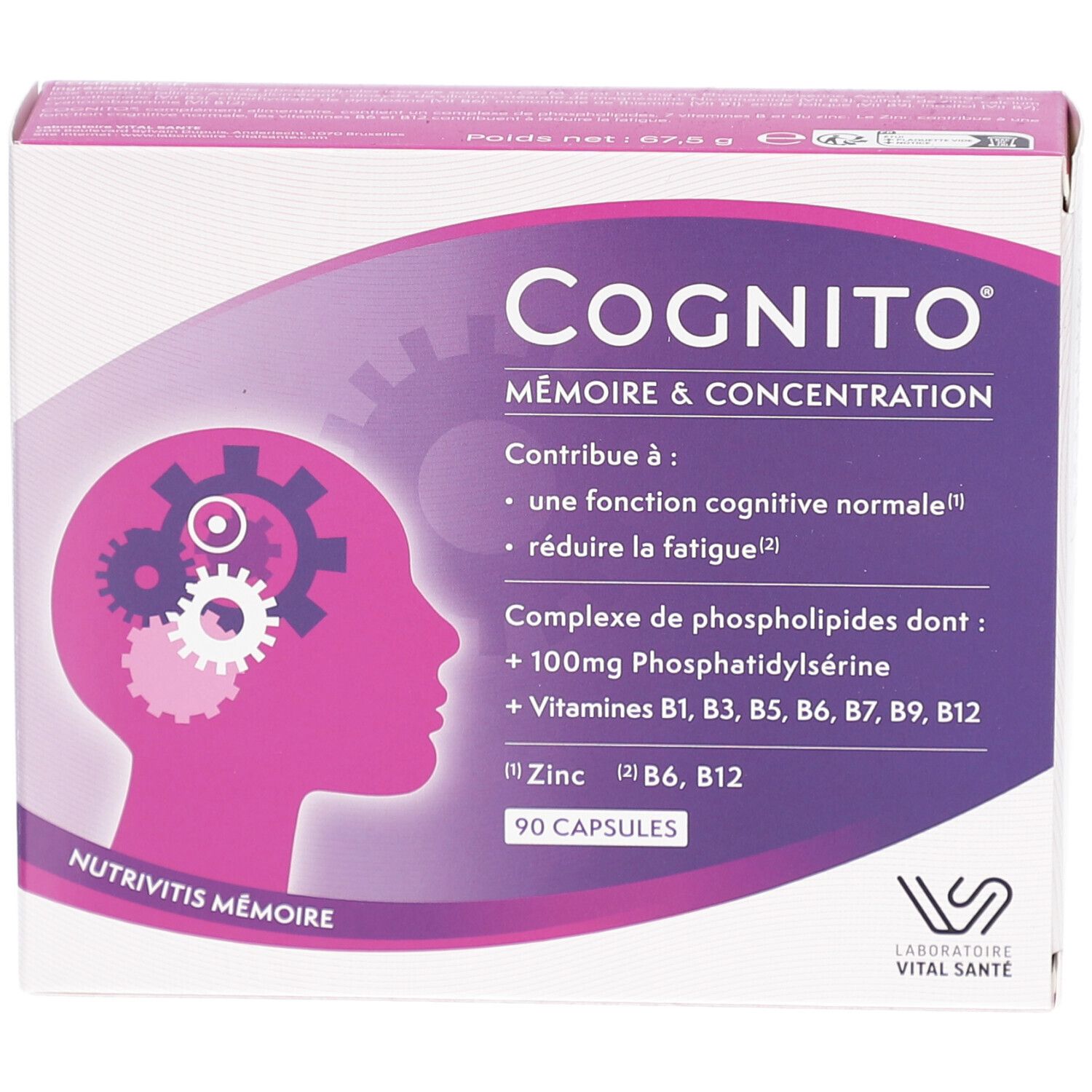 Schachtel mit COGNITO MÉMOIRE. Aufschrift: Mémoire & Concentration. Enthält 90 Kapseln. Enthält Phosphatidylserin und Vitamine.