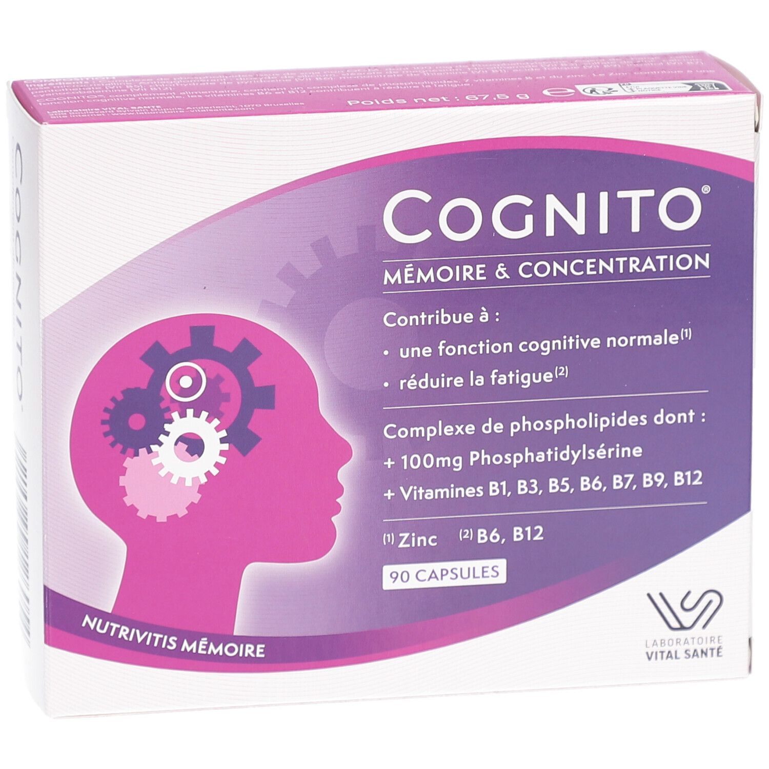 Schachtel mit COGNITO MÉMOIRE. Aufschrift: Mémoire & Concentration. Enthält 90 Kapseln. Enthält Phosphatidylserin und Vitamine.