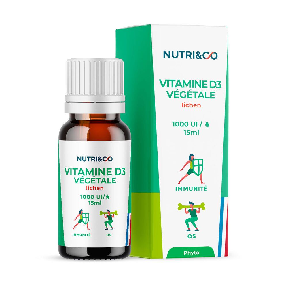 Braune Glasflasche mit weißem Deckel und grüner Etikett. Aufschrift: NUTRI&CO Vitamine D3 Végétale, 1000 UI/15ml. Karton daneben.