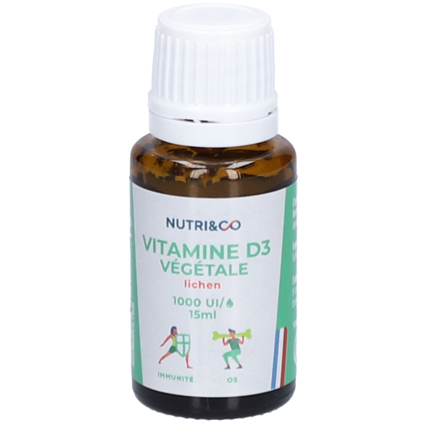 Braune Glasflasche mit weißem Deckel und grünem Etikett. Aufschrift: NUTRI&CO Vitamine D3 Végétale, 1000 UI/15ml.