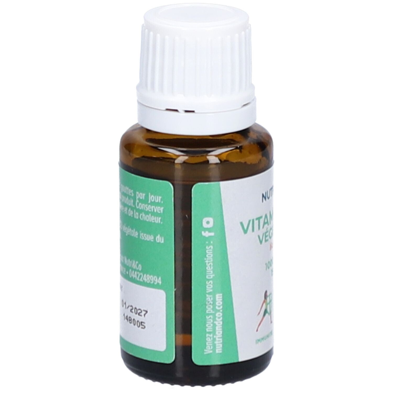 Braune Glasflasche mit weißem Deckel und grünem Etikett. Aufschrift: NUTRI&CO Vitamine D3 Végétale, 1000 UI/15ml. Rückseite.