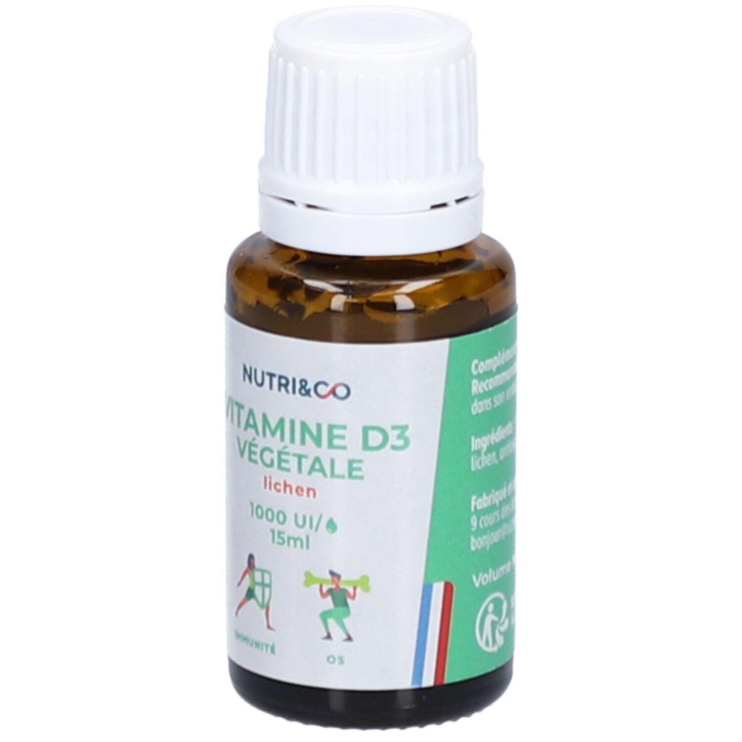 Braune Glasflasche mit weißem Deckel und grünem Etikett. Aufschrift: NUTRI&CO Vitamine D3 Végétale, 1000 UI/15ml. Rückseite.