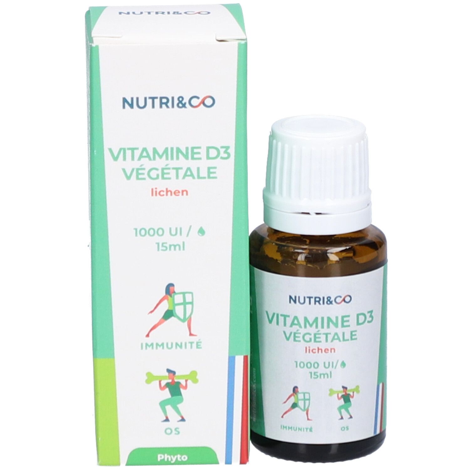 Braune Glasflasche mit weißem Deckel und grünem Etikett. Aufschrift: NUTRI&CO Vitamine D3 Végétale, 1000 UI/15ml. Karton daneben.