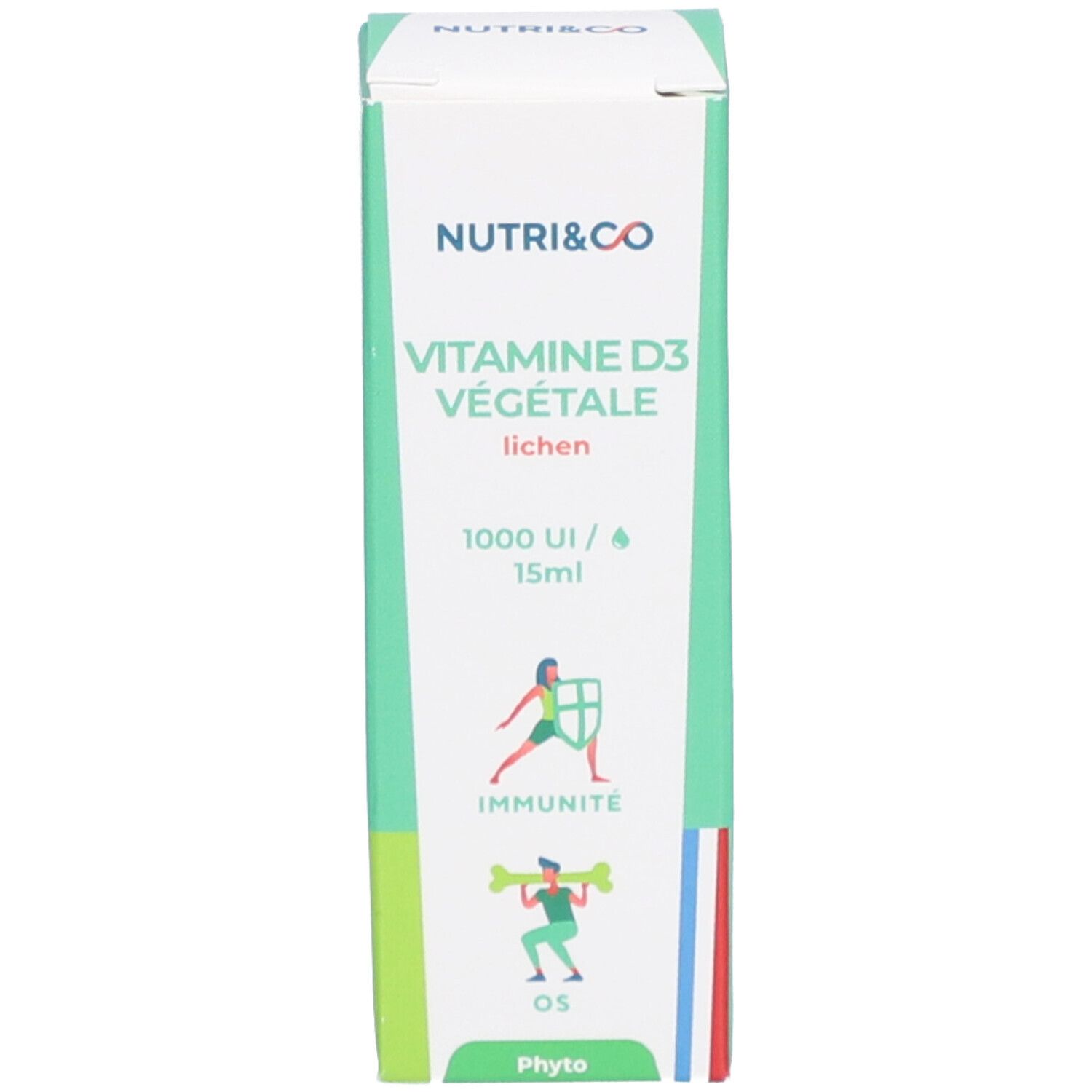 Grüne Verpackung mit weißer Aufschrift: NUTRI&CO Vitamine D3 Végétale, 1000 UI/15ml. Illustrationen.
