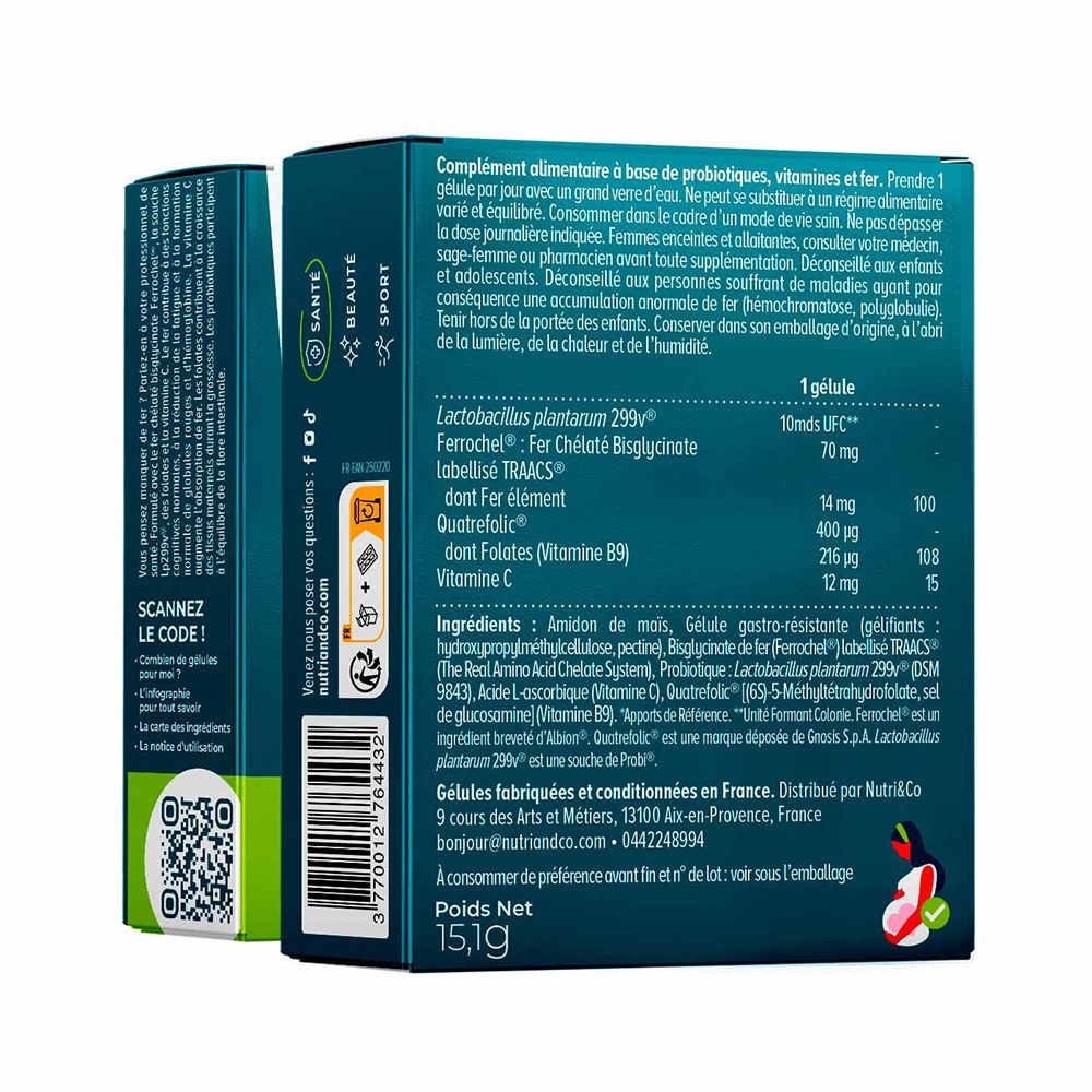 Rückseite der NUTRI&CO Eisenbisglycinat Packung mit Nährwertangaben und Inhaltsstoffen.
