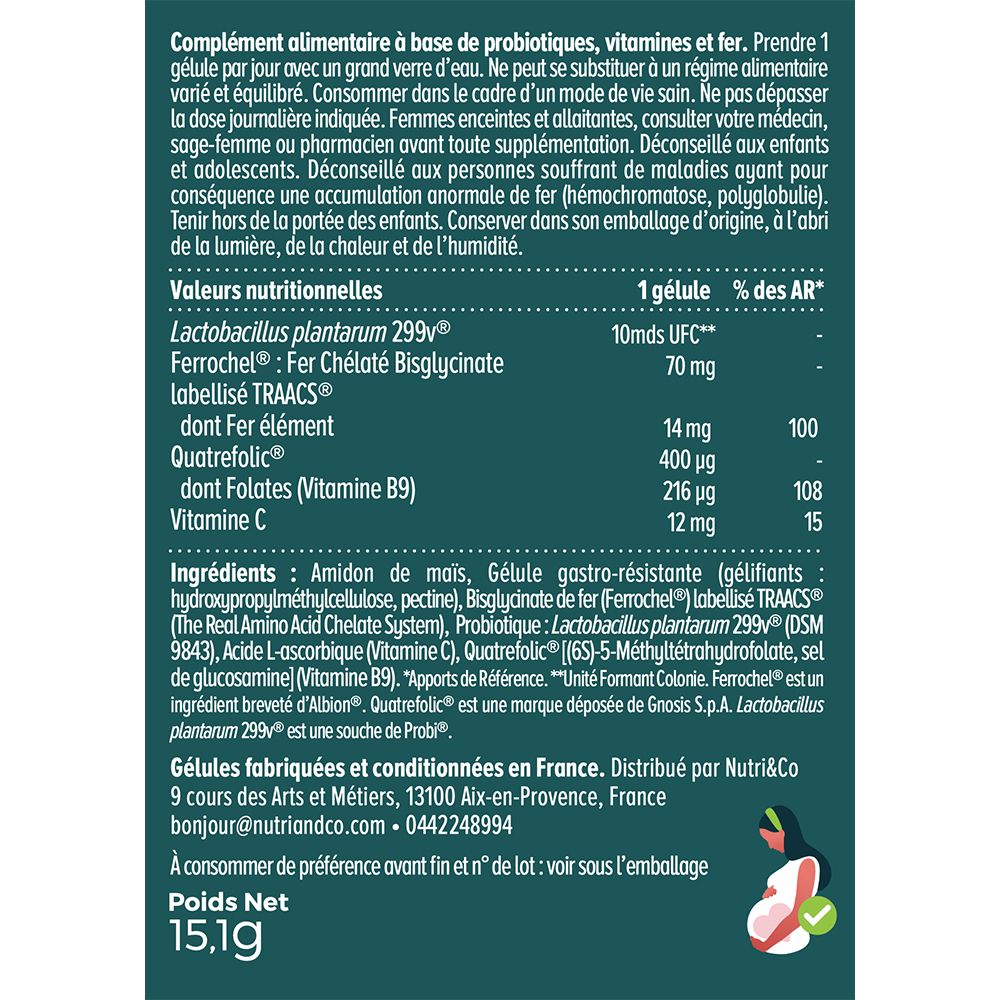 Detailansicht der Rückseite der NUTRI&CO Eisenbisglycinat Packung mit Nährwerttabelle.