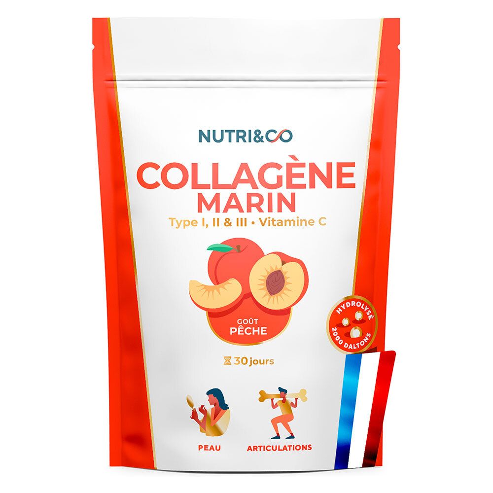 Sachet de NUTRI&CO Collagène Marin, goût pêche. Contient types I, II & III, vitamine C. Illustration de pêches.
